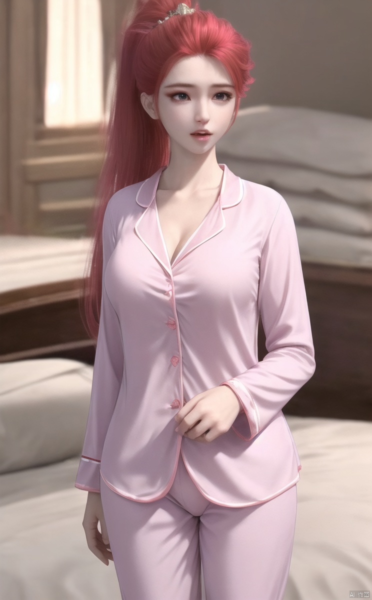 1girl, solo, long hair,  hair ornament, long sleeves, dress, （standing）, 

ponytail, red hair, parted lips, indoors, lips, arms at sides,
Red hair, 

pink pajamas, pink long pajamas, big breasts, wide breasts, cleavage,
