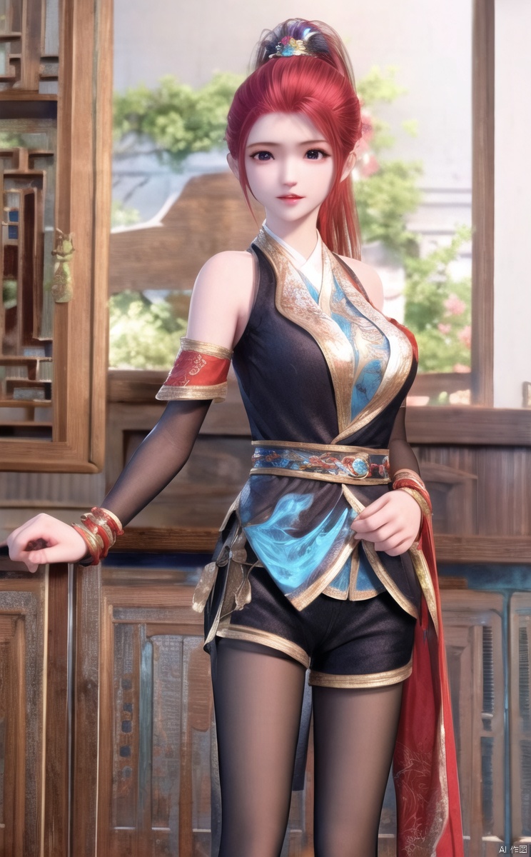 1girl, solo, long hair, breasts, looking at viewer, hair ornament, dress, bare shoulders, standing, ponytail, pantyhose, red hair, shorts, chinese clothes