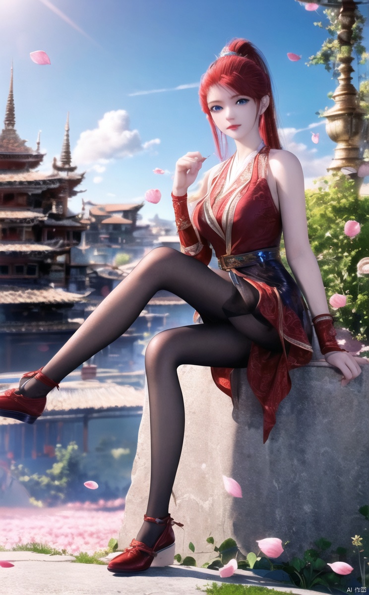 Red hair,1girl, solo, long hair, breasts, looking at viewer, blue eyes, dress, bare shoulders, sitting, full body, ponytail, pantyhose, red hair, outdoors, sky, day, cloud, blue sky, petals, architecture,