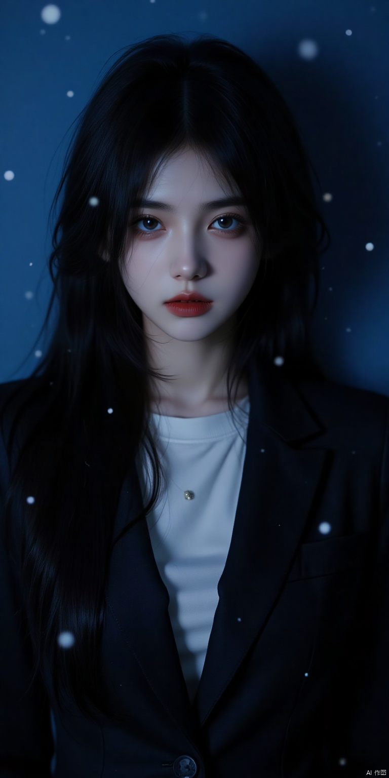 Leica filters,Film photography,qrixi,Captured in a low-angle,eye-level perspective,a close-up shot of a young Asian woman with long dark hair,wearing a black blazer and a white t-shirt. Her lips are painted red,adding a pop of color to her face. Her eyes are a piercing blue,and her hair cascades over her shoulders. The backdrop is a stark blue,with white dots dotting the scene. The lighting is subdued,creating a stark contrast to the dark background. Cold tones,