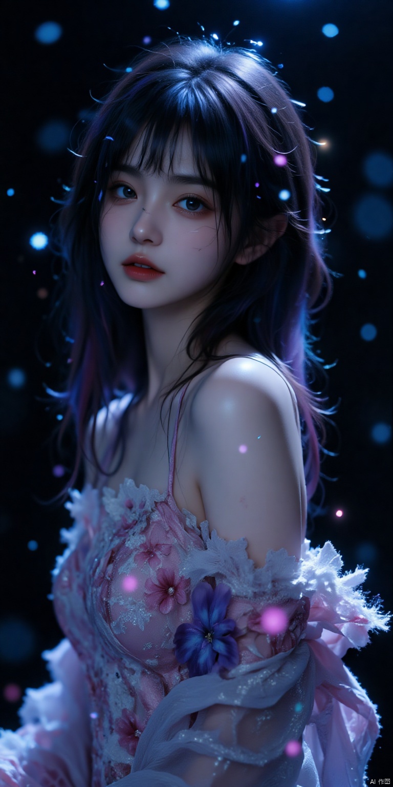 ,a luminous blue-green aura radiates against a velvety black background. The woman's slender physique is embellished with delicate white filigree, a stunning anime girl with raven-black tresses, alabaster skin, and rose-hued eyes aglow with pink and blue luminescence. Her tresses cascade down her shoulders, infusing the scene with a vibrant splash of color. The inky black background provides a dramatic foil to the girl's ethereal figure. The girl's gown, adorned with a flowing motif of pink and purple luminescent threads, adds a whimsical touch to the composition.