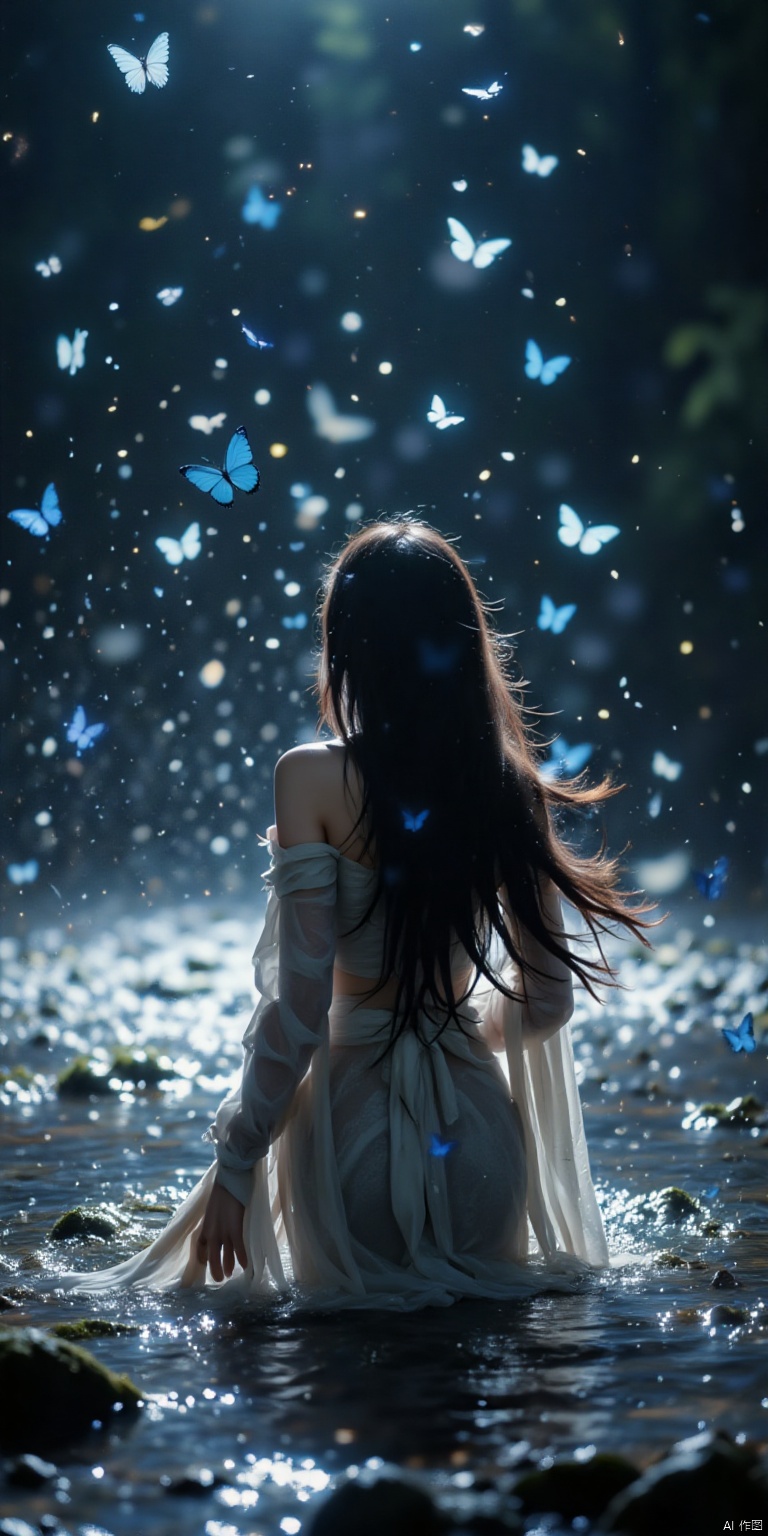 Leica filters,Retro film style,Film photography,qrixi,Fuji camera filter,Slow shutter captures the whimsical dance of a beautiful Eastern girl's long hair as it flows **** a river in the night. Flashbulbs pop,casting an eerie glow on the misty scene. A swarm of blue butterflies flutter around her,their iridescent wings glimmering under the soft lighting. The camera lingers on the curves of the girl's face,bathed in a warm,nostalgic light. The film grain texture adds a tactile quality to the image,as if it's an old photograph pulled from a forgotten album. The scene is shrouded in mystery,with the darkness of night serving as a backdrop for this surreal,dreamlike tableau.,