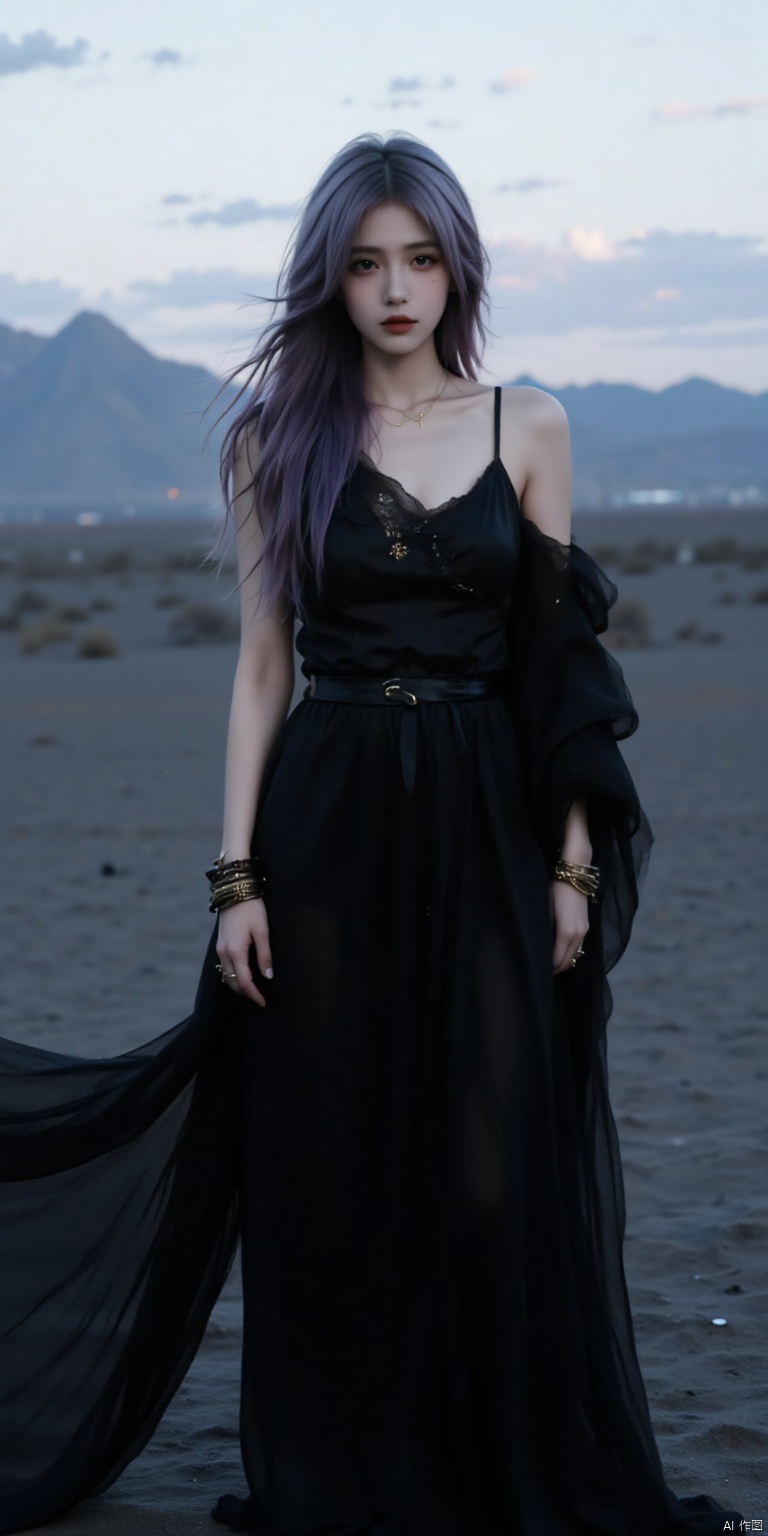 The picture presents a sweeping panoramic view captured through a wide-angle lens, vividly showcasing a strikingly beautiful, gracefully elegant, and profoundly mysterious girl adorned in a black chiffon long dress with an alluring one-sided off-the-shoulder design. The fabric of the dress is of top-notch quality, exuding a luxurious sheen. A black scarf, delicately draped over her shoulders, billows freely in the gentle wind. The sleeves at the end of her arms, too, flutter and dance in the wind's embrace. On her wrists, she wears exquisitely delicate and elegant gold bangles that catch the light with every movement. The girl's face is meticulously enhanced with heavy makeup, accentuating her alluring features. Her hair, a shade of captivating purple-gray, flows and sways in the wind, adding an air of enchantment. She stands with an effortless elegance and a sense of relaxation on a desolate black desert, where every grain of sand seems to tell a story of solitude. Behind her looms a cluster of indistinct and blurred black mountains, their outlines fading into the distance. The simplicity of the background and the understated, low-saturation colors coalesce to bestow the picture with an overarching sense of mystery and profound solitude, inviting viewers to lose themselves in this enigmatic scene. 