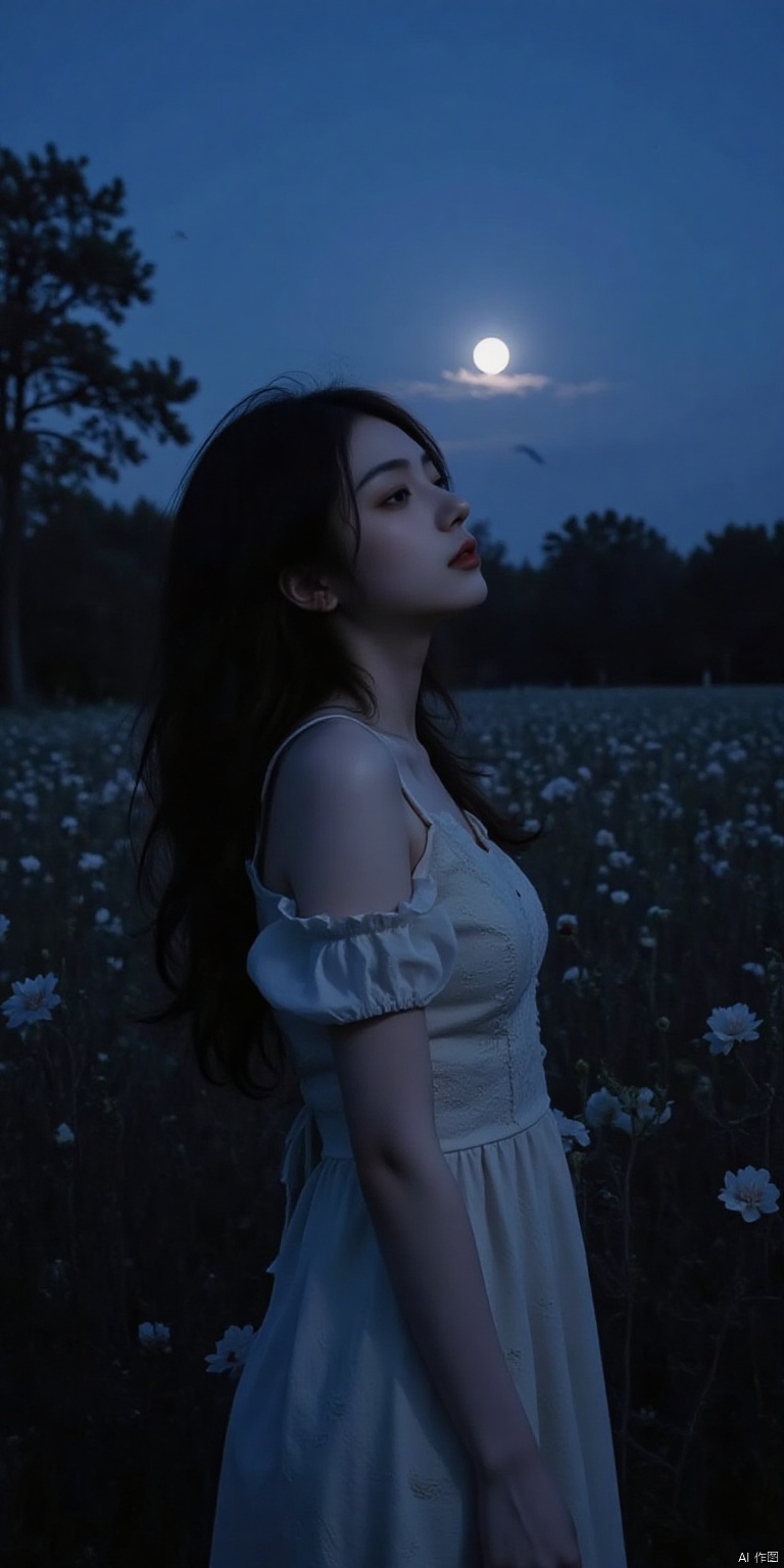 Leica filters,Film photography,qrixi,1girl,looking up,moon,solo,dress,petals,long hair,night,full moon,black hair,flower,tree,blurry,sleeveless,sleeveless dress,outdoors,nature,wavy hair,lips,arms at sides,depth of field,curly hair,brown hair,night sky,bare arms,standing,moonlight,cowboy shot,bare shoulders,