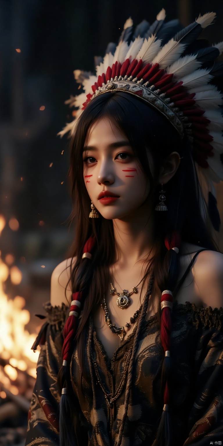  cinematic film texture,Indian style headwear,Indian style jewelry,Retro film style,a woman dressed in a Native American Indian headdress stands in front of a campfire. The woman's headdress is adorned with feathers in a variety of colors,including red,white,and black. Her eyes are adorned with red and white stripes,adding a pop of color to her face. Her hair is long and cascades over her shoulders,framing her entire face. She is wearing a black and white braided dress,adorned with a necklace and earrings. The background is blurred,suggesting a natural setting.,