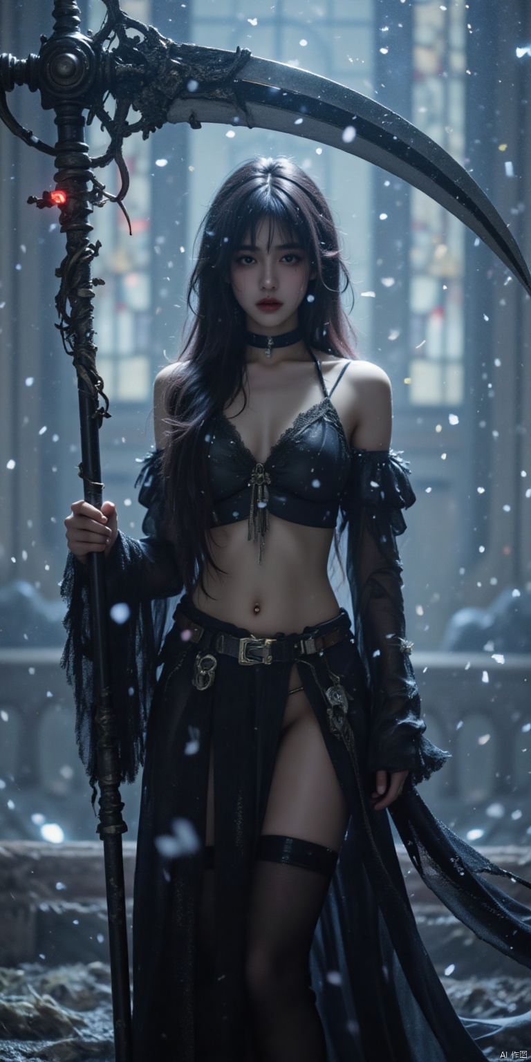 ((masterpiece, highest quality, Highest image quality, High resolution, photorealistic, Raw photo, 8K)), ((Extremely detailed CG unified 8k wallpaper)), (huge stunning goddess shot, very hot and sexy, jaw-dropping beauty, perfect proportions, beautiful body, slim body beauty:1.4), A girl wielding a huge scythe, movie poster, (a huge scythe:1.5),