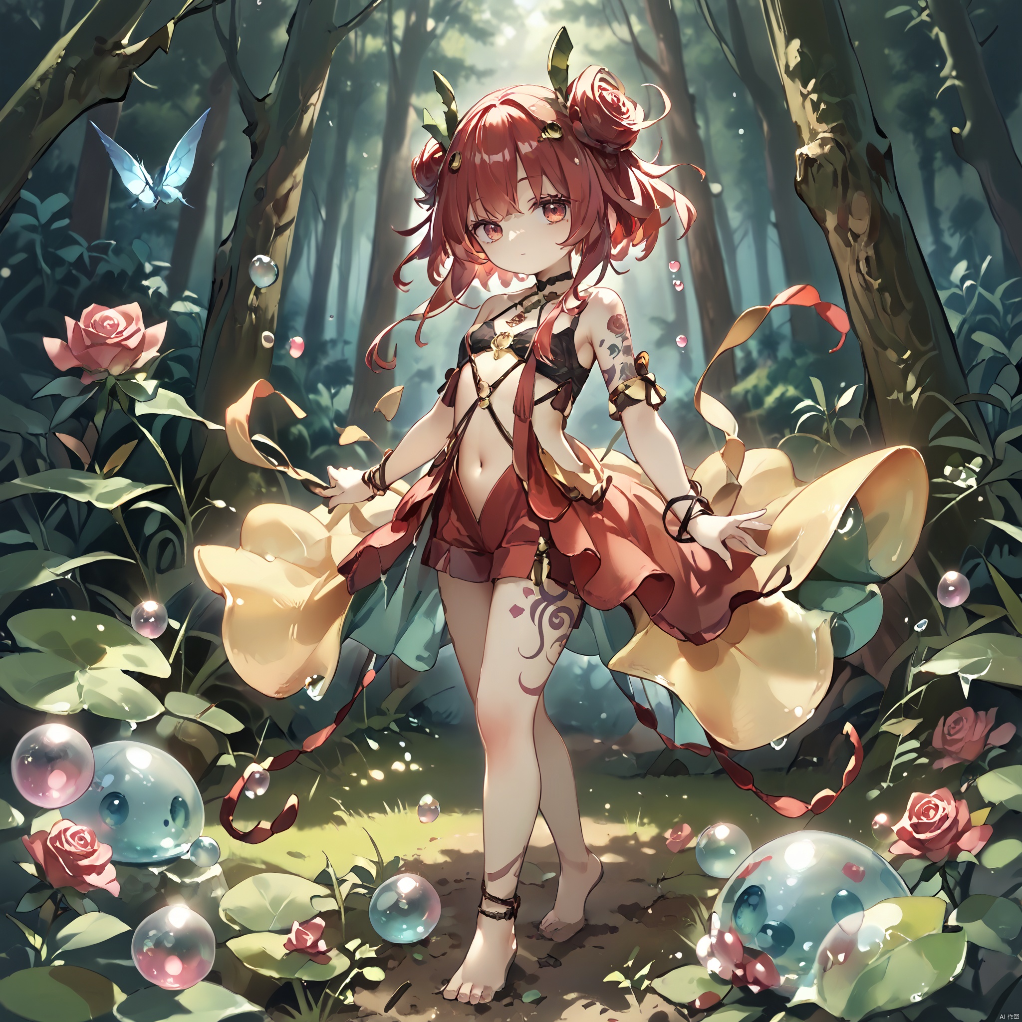 score_9,score_8,score_7, Traptrix, 1girl, looking at viewer, full body, barefoot, rose-style, red hair, navel, tattoos, forest, bubble, stand,