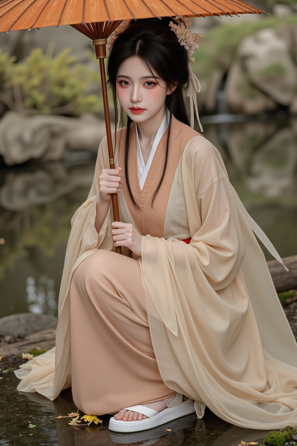 An Asian woman wearing Hanfu is squatting on the ground
Aestheticism. The scene is like a fairyland.
Makeup
Moderate chest
Hand over
solo
Black hair
Hair accessories
silk ribbon
Outside
umbrella
Chinese clothing
Holding an umbrella
Realism
Red lips
eyelash
Exquisite eyes
Hanfu
Ribbon
Wide sleeves
Embroidery
gauze
Stream
maple
maple leaves
clear water 
moss
Fallen leaves on the ground
bryophyte
Illustration, masterpiece. Real. Ultra clear. Details.,blender,写实：flim rendering,cxy