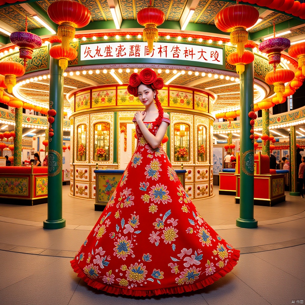 ,long dress,长裙,1girl,Funfair,New Year paintings,年画
