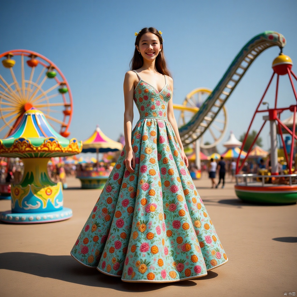 ,long dress,长裙,1girl,瓷器,porcelain,游乐园,Theme park,Funfair
