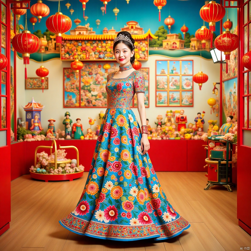 ,long dress,长裙,1girl,瓷器,porcelain,游乐园,Theme park,Funfair,New Year paintings,年画