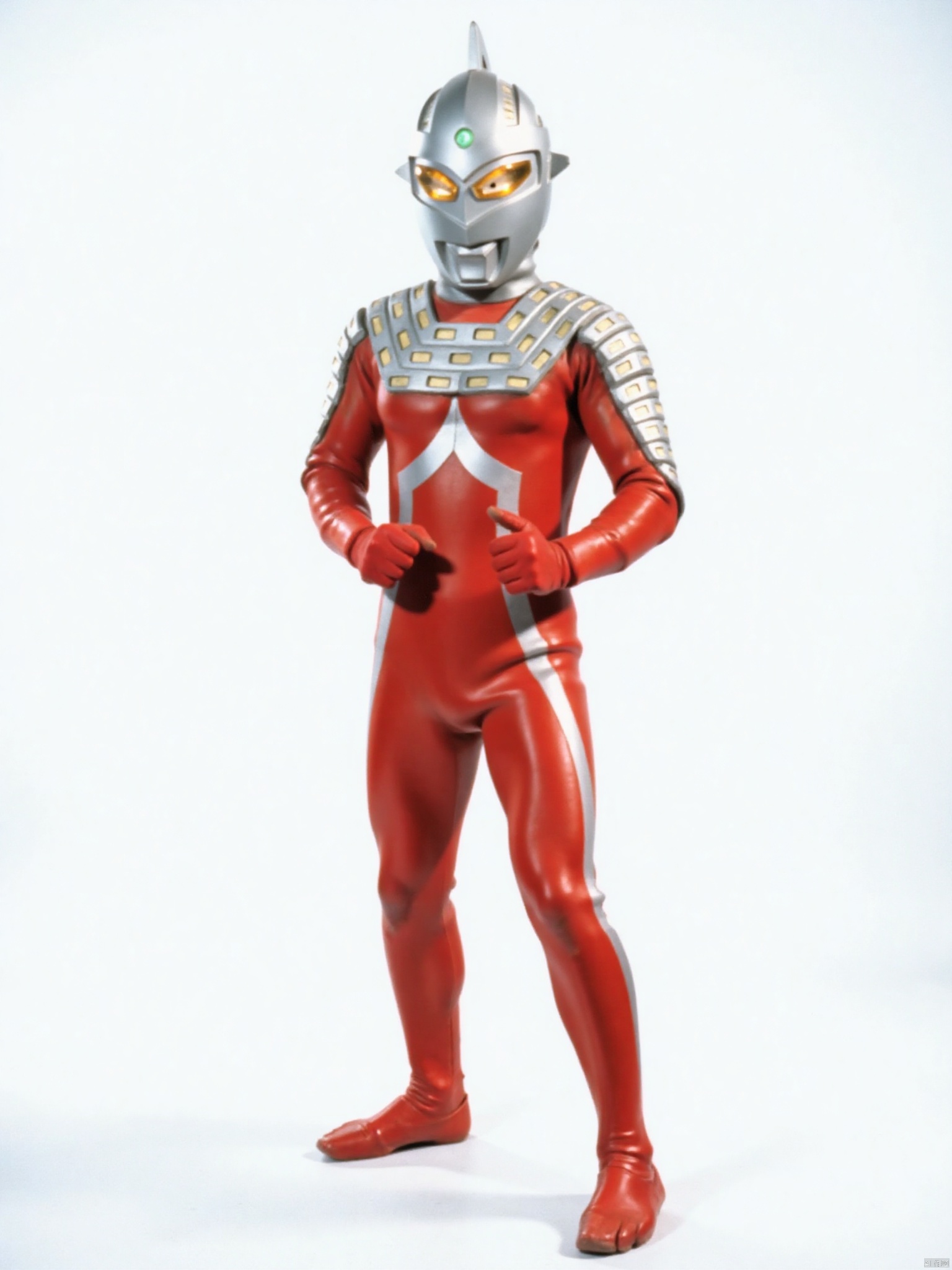ultraman,red bodysuit,red gloves,legwear,gloves,boots,cover,mask,plugsuit,armor,bodysuit,silver pattern on body,red tight-fitting,red footwear,helmet,leather suit,latex,tokusatsu,no humans,science fiction,silver head,hard mask,no smile,no eyes,no nose,solo,red rubber bodysuit with silver line