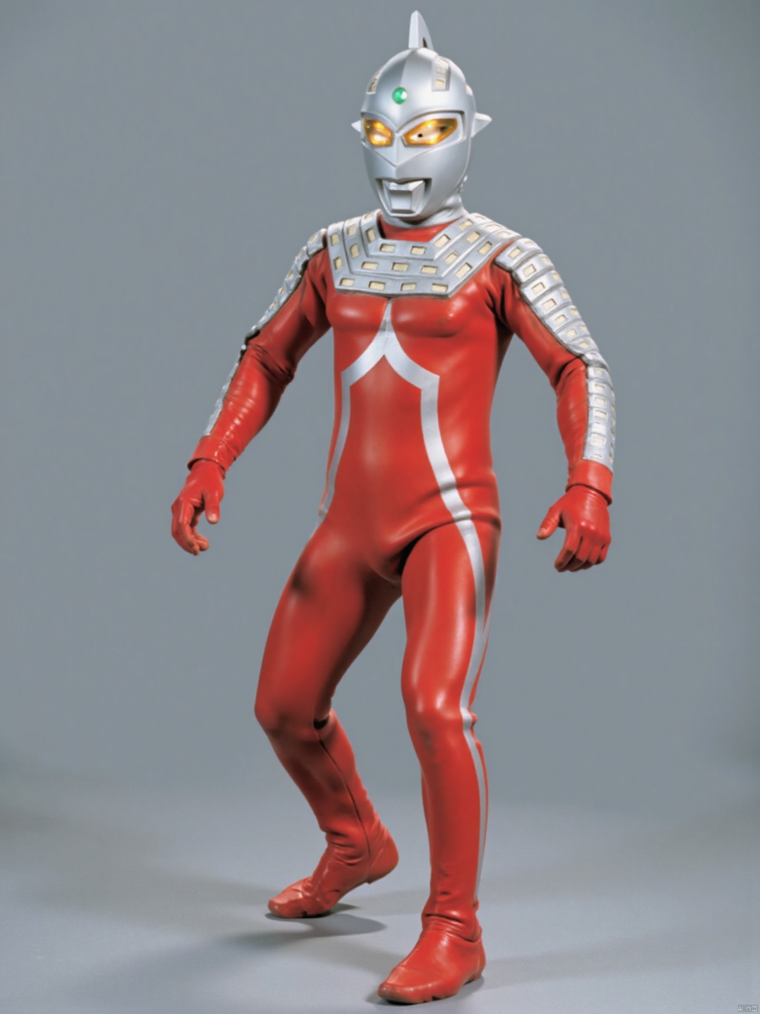 ultraman,red bodysuit,red gloves,legwear,gloves,boots,cover,mask,plugsuit,armor,bodysuit,silver pattern on body,red tight-fitting,red footwear,helmet,leather suit,latex,tokusatsu,no humans,science fiction,silver head,hard mask,no smile,no eyes,no nose,solo,red rubber bodysuit with silver line