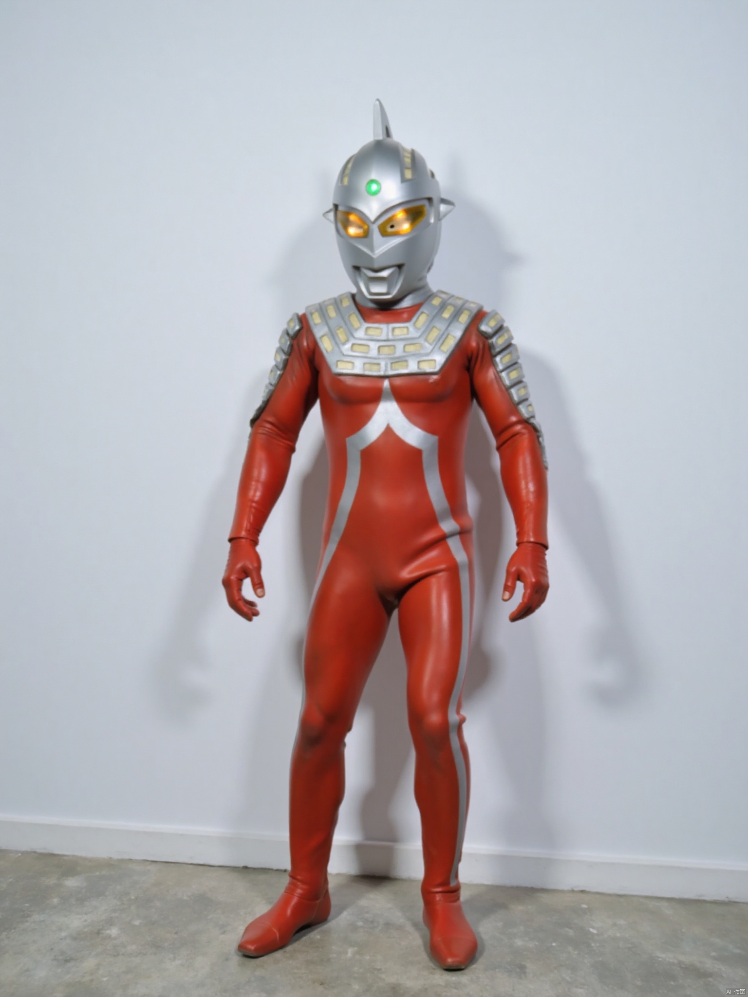ultraman,red bodysuit,red gloves,legwear,gloves,boots,cover,mask,plugsuit,armor,bodysuit,silver pattern on body,red tight-fitting,red footwear,helmet,leather suit,latex,tokusatsu,no humans,science fiction,silver head,hard mask,no smile,no eyes,no nose,solo,red rubber bodysuit with silver line
