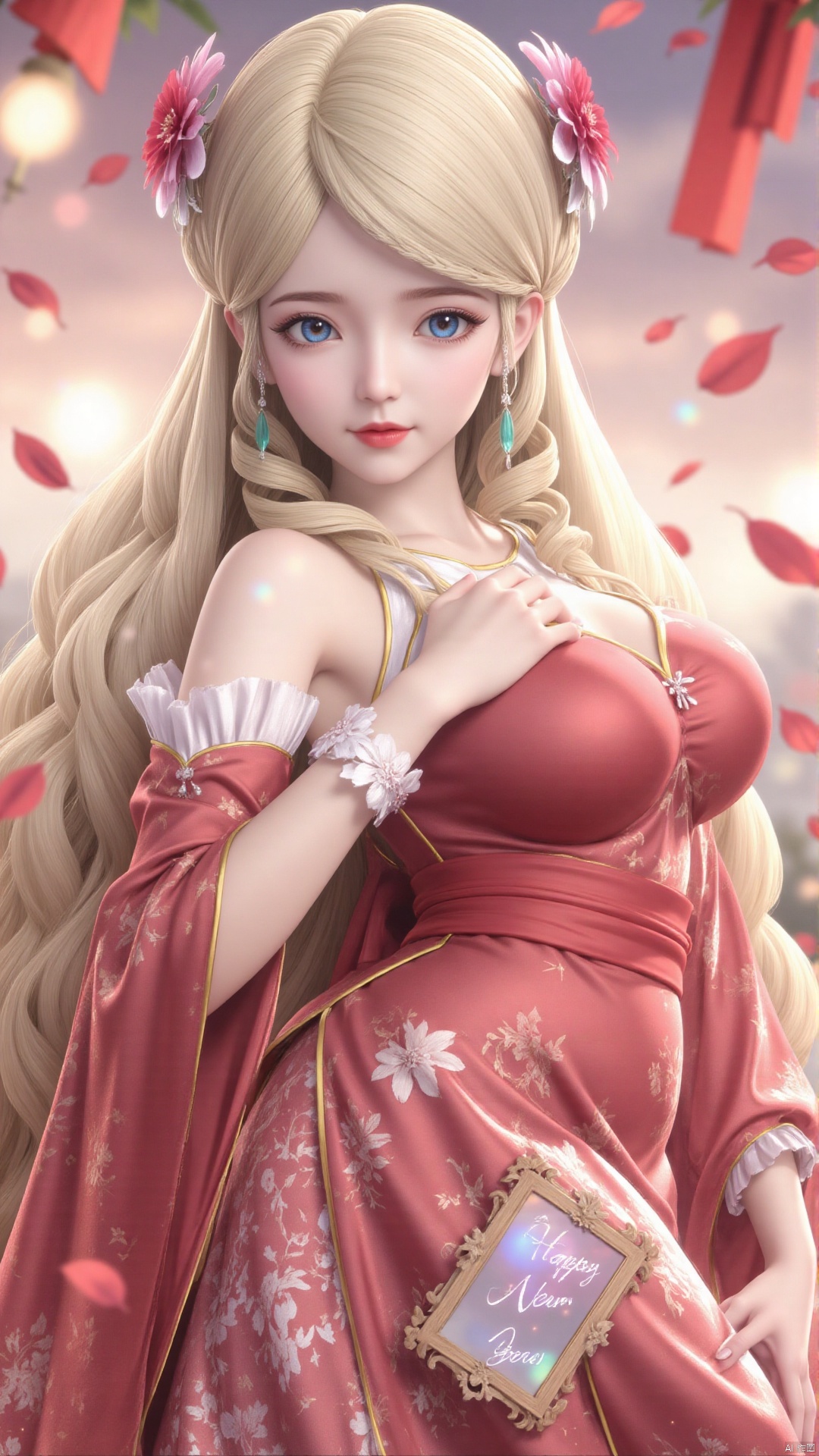 Masterpiece, dazzling colorful light, super detailed, be seated,1 girl. Flowers, earrings, white feather tulle, long eyelashes, super-long curly hair, blond hair, a charming face, glowing lips, collarbone, off-the-shoulder, floating petals, dreamy and beautiful, and the characters are painted in rich colors. Fine, strokes, wallpaper, background with white and red gradient, animation aesthetic, he holds a rectangular wooden plaque with the words' Happy New Year' written on it. Poolcoreanime, xwhd, beauty, surrealism, sparkle, textured skin, super detail, best quality, 8k, whole body, 1 girl, solo, long hair, Chester, watching the audience, bangs, blue eyes, blondehair,  hair accessories, dresses, bare shoulders, jewelry, very long hair, braids, flowers, earrings, detached sleeves, hair flowers, China clothes, prints,  red dresses, crown braids, jewelry, collarbone, braids, wide sleeves, lips, crown.