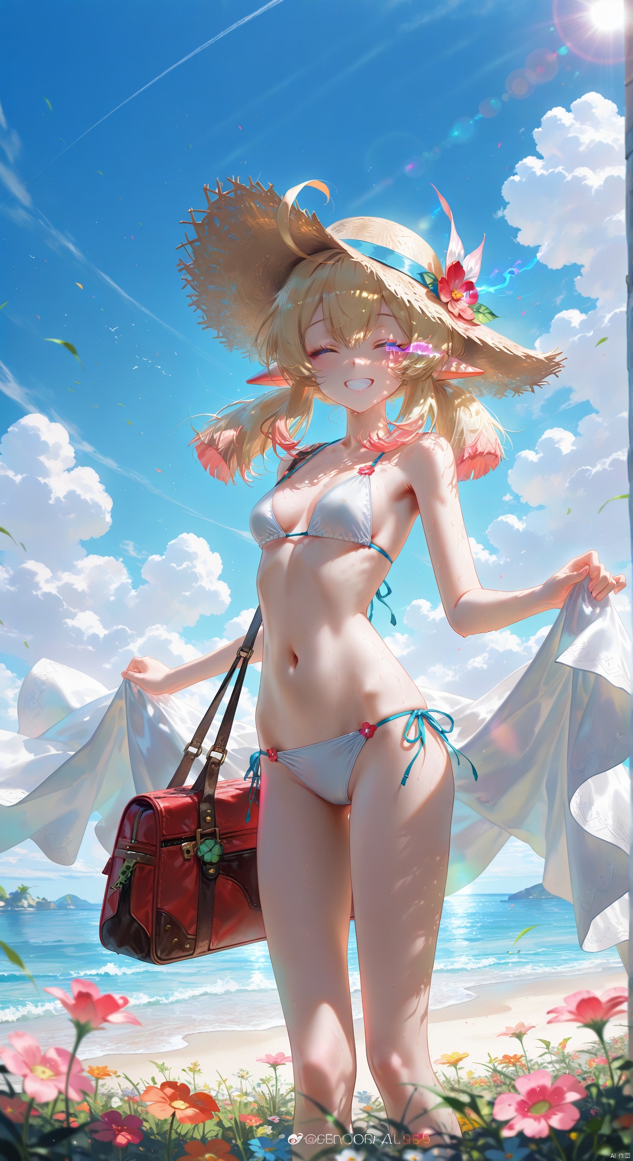 (masterpiece, best quality), best score, best anatomy, ultra deitailed, amazing quality, very aesthetic, absurdres, highres, newest, HDR, 8K, high detail RAW color art, 
1girl, solo, breasts, smile, blonde hair, hat, navel, Fairy ears, bare shoulders, swimsuit, closed eyes, flower, bikini, small breasts, outdoors, sky, alternate costume, day, cloud, stomach, bag, grin, blue sky, ^ ^, side-tie bikini bottom, white bikini, multiple tails, facing viewer, hair rings, sun hat, straw hat, oripathy , klee \(genshin impact\) , eye trail, backlighting, depth of field, (Floating hair), light particles, lens flare, (Colorful eyes ), (artist:quasarcake:0.8),extreme aesthetic,(wlop:0.6), wanke ,rella,wanke,masterpiece,best quality,good quality,newest ,year 2024 ,year 2023,very aesthetic,absurdres,Visual impact,A shot with tension, ultra-high resolution,32K UHD,sharp focus,best quality,masterpiece,Emotionalization masterpiece, unconventional supreme,masterful details,temperate atmosphere,with a high end texture,in the style of fashion photography, (Visual impact:1.2),giving the poster a dynamic and visually striking appearance,impactful picture,offcial art,colorful,splash of color, movie perspective, masterpiece,best quality,amazing quality,very aesthetic,absurdres,best quality,newest,Mat Skin