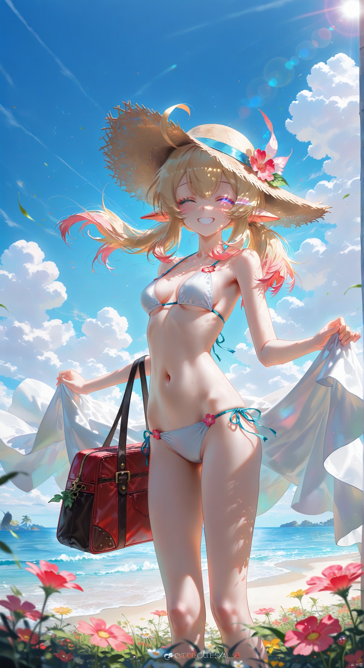 (masterpiece, best quality), best score, best anatomy, ultra deitailed, amazing quality, very aesthetic, absurdres, highres, newest, HDR, 8K, high detail RAW color art, 
1girl, solo, breasts, smile, blonde hair, hat, navel, Fairy ears, bare shoulders, swimsuit, closed eyes, flower, bikini, small breasts, outdoors, sky, alternate costume, day, cloud, stomach, bag, grin, blue sky, ^ ^, side-tie bikini bottom, white bikini, multiple tails, facing viewer, hair rings, sun hat, straw hat, oripathy , klee \(genshin impact\) , eye trail, backlighting, depth of field, (Floating hair), light particles, lens flare, (Colorful eyes ), (artist:quasarcake:0.8),extreme aesthetic,(wlop:0.6), wanke ,rella,wanke,masterpiece,best quality,good quality,newest ,year 2024 ,year 2023,very aesthetic,absurdres,Visual impact,A shot with tension, ultra-high resolution,32K UHD,sharp focus,best quality,masterpiece,Emotionalization masterpiece, unconventional supreme,masterful details,temperate atmosphere,with a high end texture,in the style of fashion photography, (Visual impact:1.2),giving the poster a dynamic and visually striking appearance,impactful picture,offcial art,colorful,splash of color, movie perspective, masterpiece,best quality,amazing quality,very aesthetic,absurdres,best quality,newest,Mat Skin