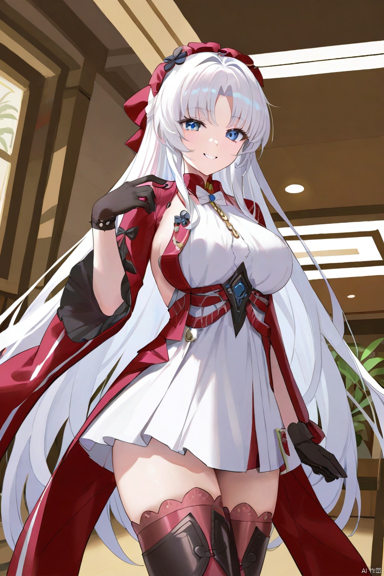 (score_9,score_8_up,score_7_up), (masterpiece),( beautiful),(high quality),(finely detailed),extremely detailed CG unity 8k wallpaper,best quality, 1girl, solo, long hair, breasts, looking at viewer, smile, bangs, blue eyes, large breasts, parted_bangs , red bow, thighhighs, gloves, dress, very long hair, white hair,  black gloves, black thighhighs, indoors, white dress, cowboy_shot,carlotta