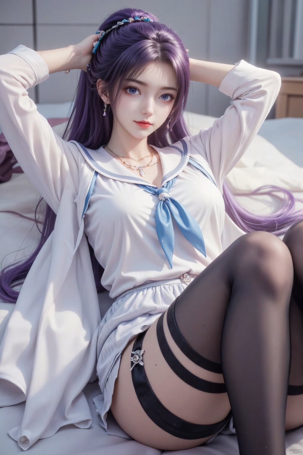 masterpiece,best quality,high quality,loli,Artist:inugami kira,(artist:ningen_mame:0.9),(artist:sho_(sho_lwlw):0.9),(artist:rhasta:0.9),(artist:wlop:0.7),(artist:ke-ta:0.6),(fkey:0.5),(tianliang duohe fangdongye:0.5),(hiten \(hitenkei\):0.6),loli,Artist sousoumaan,loli,Masterpiece, best quality, high quality, (colorful), large breasts, 

 1girl, solo, breasts, looking at viewer, blush, purple hair, bangs, blue eyes, shirt, long sleeves, closed mouth, school uniform, white shirt, longhair, pantyhose, lying, serafuku, on back, sailor collar, arms up, neckerchief, black pantyhose, on bed, no pants, thighband pantyhose, white sailor collar, blue neckerchief