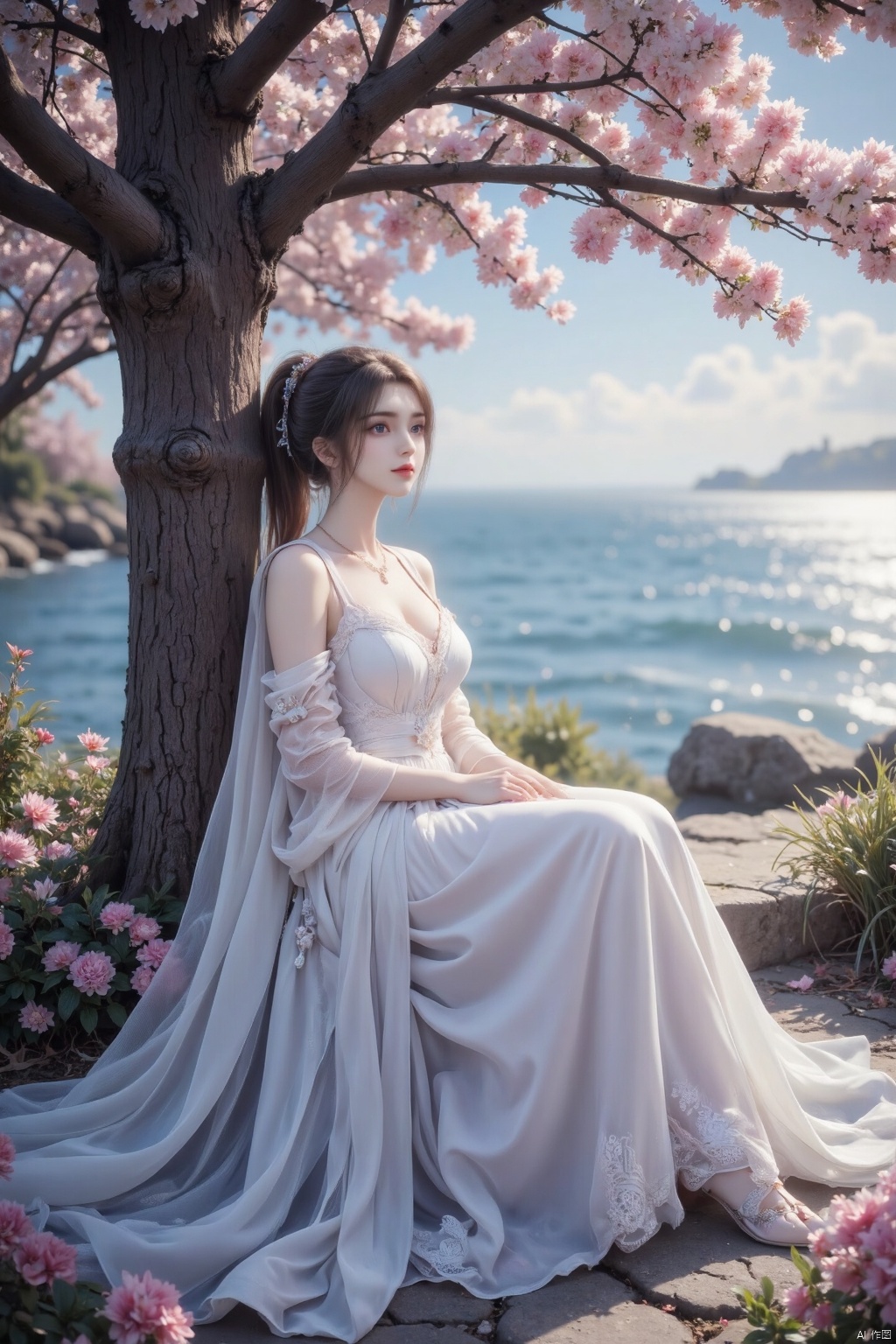 Oshino Shinobu from Gown,cute girl,wearing white gothic-style gown.strong sense of light,high contrast light,shining details,wide scene,digital painting,dreamy mood,ethereal,fantasy art style,fantasy concept art,high contrast,ultra-detailed,charming anime-inspired,with slight lighting,and tree surrounded blossom by,sitting under the flowers,the Dundar light from above,digital art,illustration,charming,ethereal,mysterious,fantasy,ethereal,elegant,airy,magical,surreal,dreamy,strong sense of light,outdoors,beside the coast,sea in background,floating dress in the gentle breeze,from side,her head turn back towards viewer