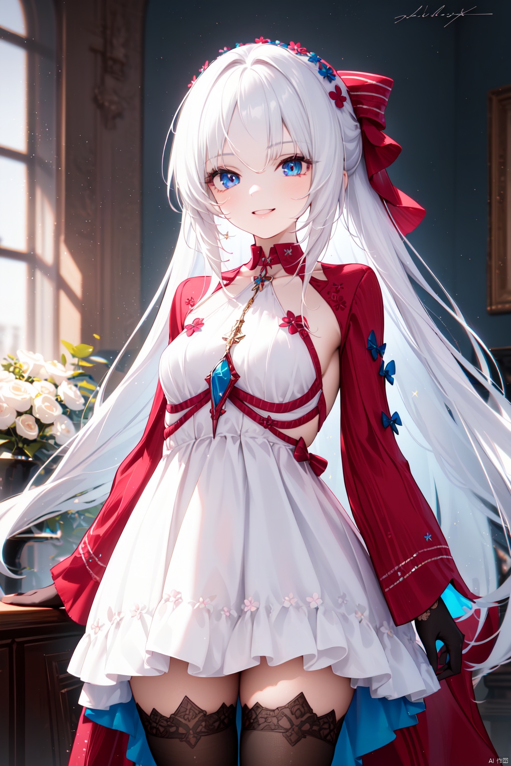 nai3, 1girl,solo,(masterpiece:1.3),( beautiful:1.2),(high quality:1.2),(finely detailed:1.2),extremely detailed CG unity 8k wallpaper,best quality,a very delicate and beautiful,perfect fingers,(one cute girl at the center:1.2), 
1girl, solo, long hair, ((parted_bangs)) , breasts, looking at viewer, smile, bangs, blue eyes, medium breasts, red bow, thighhighs, gloves, dress, very long hair, white hair,  black gloves, black thighhighs, indoors, white dress, cowboy_shot,carlotta