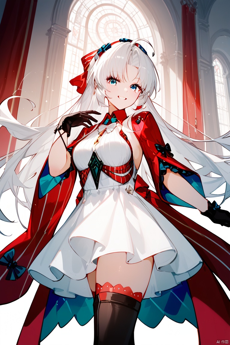 (score_9,score_8_up,score_7_up), (masterpiece),( beautiful),(high quality),(finely detailed),extremely detailed CG unity 8k wallpaper,best quality, 1girl, solo, long hair, breasts, looking at viewer, smile, bangs, blue eyes, medium breasts, parted_bangs , red bow, thighhighs, gloves, dress, very long hair, white hair,  black gloves, black thighhighs, indoors, white dress, cowboy_shot,carlotta