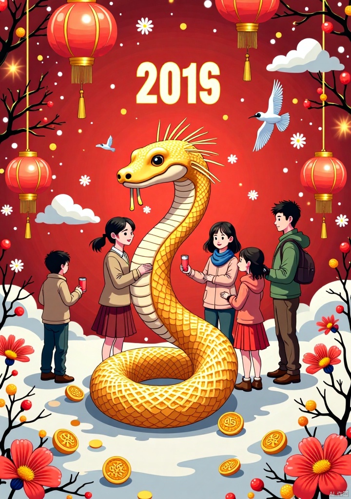 This picture is a Chinese style illustration full of festive atmosphere, with red and gold as the main colors, showing the essence of traditional Chinese culture. In the center of the picture is a golden snake surrounded by various elements, including family members celebrating the Spring Festival, flowers, lanterns, flying birds, clouds and stars, as well as gold coins symbolizing wealth and happiness, happy knot, etc.