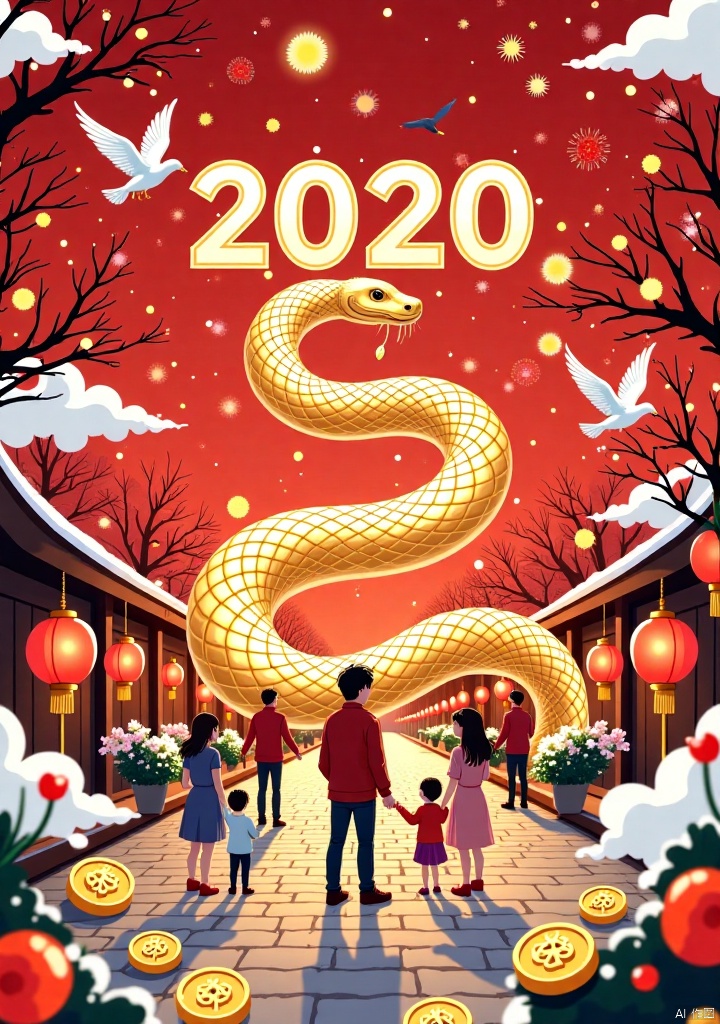 This picture is a Chinese style illustration full of festive atmosphere, with red and gold as the main colors, showing the essence of traditional Chinese culture. In the center of the picture is a golden snake surrounded by various elements, including family members celebrating the Spring Festival, flowers, lanterns, flying birds, clouds and stars, as well as gold coins symbolizing wealth and happiness, happy knot, etc.