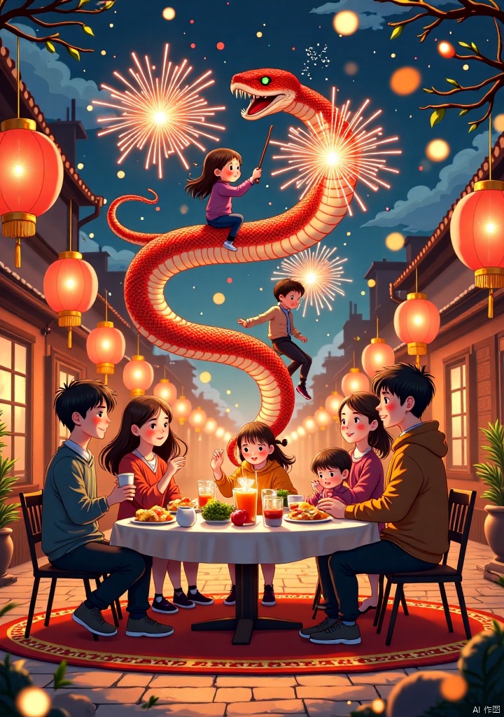 At night, a large red snake decorated with traditional patterns dances in the air, and a little girl in blue plays on the back of the python, holding a fireworks stick. The family is sitting around the dinner table, enjoying a family meal, the table is full of food and drink, young and old three generations smiling. Young men dressed in warm colors, one woman holding a child, another man looking intently somewhere. Festive lanterns hang from the Windows, carpets and scattered balls of yarn add to the homey feel. The whole scene is dominated by warm orange and yellow tones, permeating with a comfortable and pleasant atmosphere.