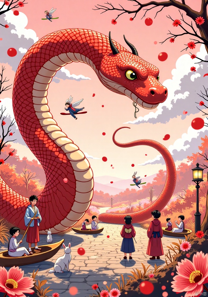 This Japanese-style illustration is warm and romantic with pink and red as the main tones. The huge red snake hovers in the center, surrounded by lively little people and small animals. The characters are dressed in Japanese costumes, paddling in boats, flying, or playing in flowers. Rabbits, cats and other small animals live in harmony and form a beautiful world. The scene is dynamic, rich and delicate colors and fine details. Decorative elements such as flowers and clouds add layers of beauty.