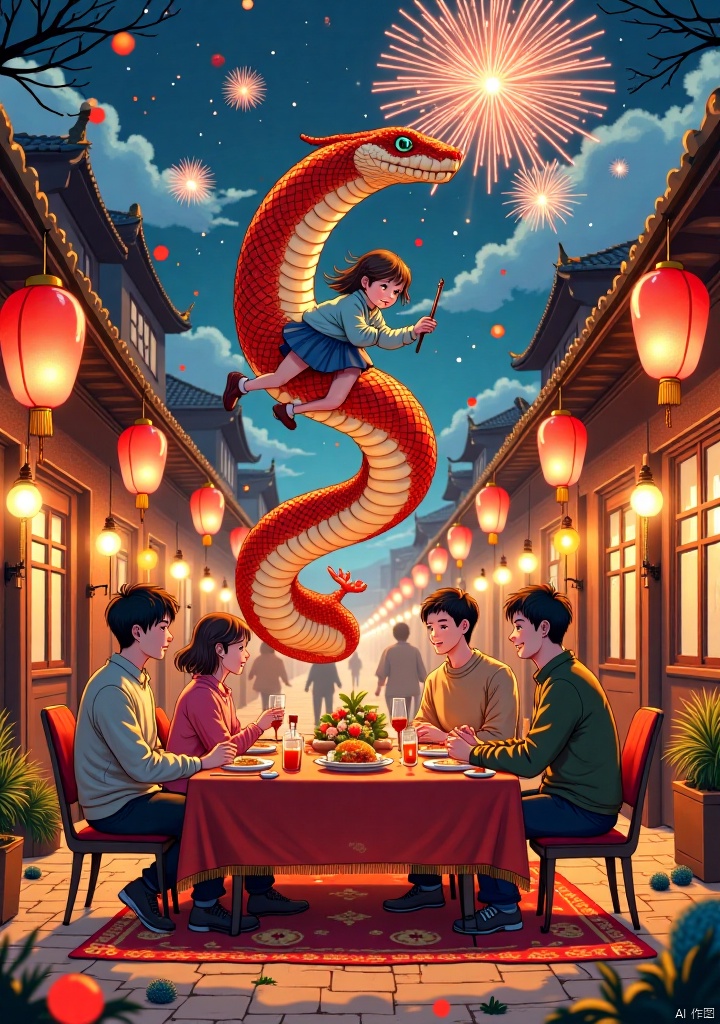 At night, a large red snake decorated with traditional patterns dances in the air, and a little girl in blue plays on the back of the python, holding a fireworks stick. The family is sitting around the dinner table, enjoying a family meal, the table is full of food and drink, young and old three generations smiling. Young men dressed in warm colors, one woman holding a child, another man looking intently somewhere. Festive lanterns hang from the Windows, carpets and scattered balls of yarn add to the homey feel. The whole scene is dominated by warm orange and yellow tones, permeating with a comfortable and pleasant atmosphere.
