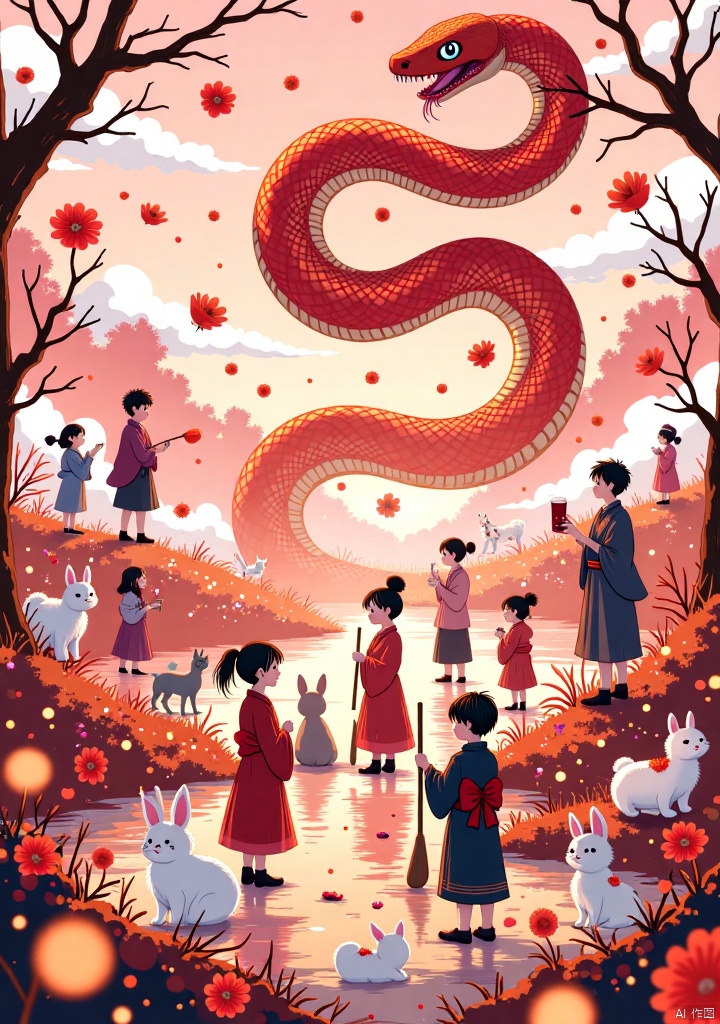 This Japanese-style illustration is warm and romantic with pink and red as the main tones. The huge red snake hovers in the center, surrounded by lively little people and small animals. The characters are dressed in Japanese costumes, paddling in boats, flying, or playing in flowers. Rabbits, cats and other small animals live in harmony and form a beautiful world. The scene is dynamic, rich and delicate colors and fine details. Decorative elements such as flowers and clouds add layers of beauty.