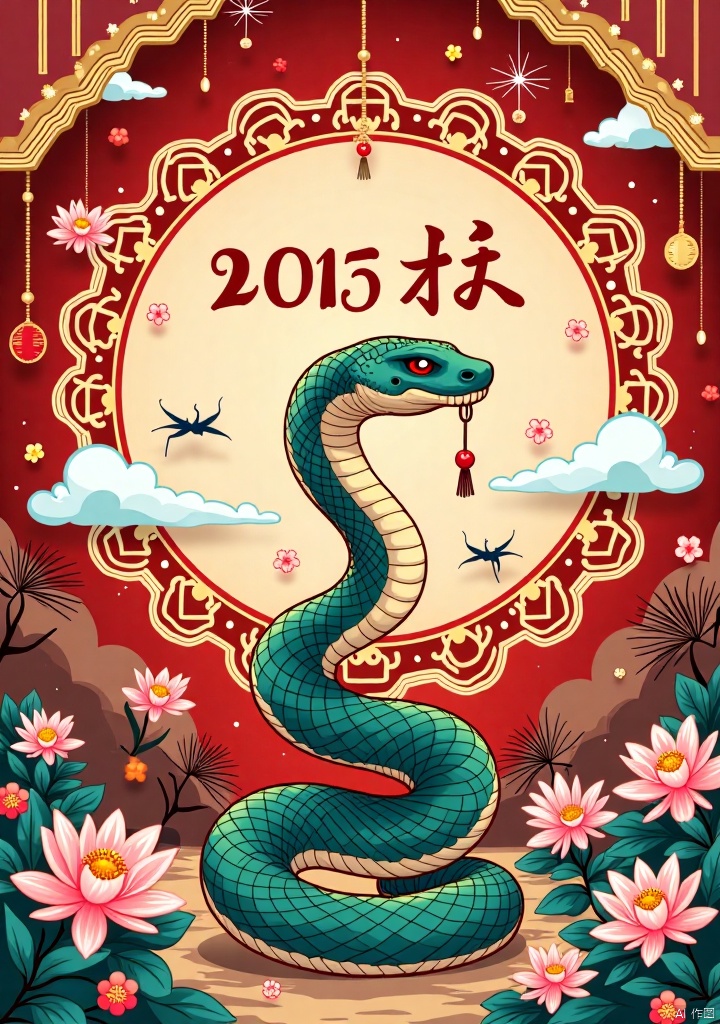 Chinese New Year,lingshe,Dunhuang Art,Overlapping scales,Dunhuang Art,Year of the Snake poster,traditional Chinese elements,Above the picture is written "Happy New Year 2025",Dunhuang art style,majestic and elegant design,snake occupies a smaller proportion of the composition,positioned gracefully with a non-threatening and friendly appearance,smooth flowing lines,Chinese red and gold tones with accents of turquoise and brown,background featuring Dunhuang-inspired patterns such as lotus flowers,flying silk ribbons,auspicious clouds,and subtle mural textures,intricate but balanced details,grand and culturally rich composition,solemn and artistic atmosphere,