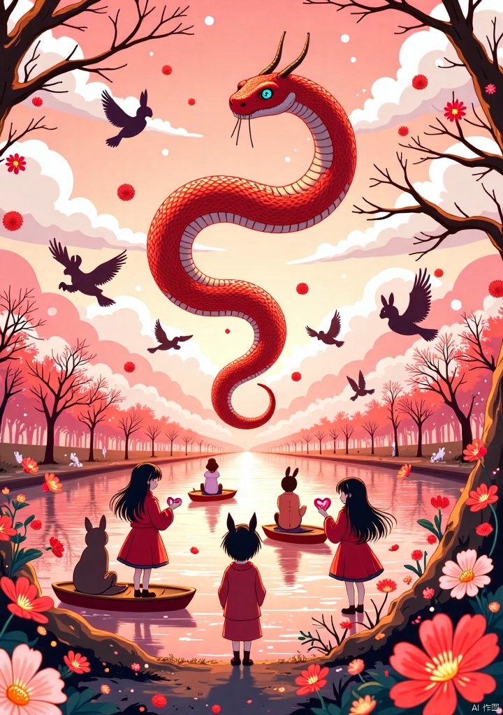 This Japanese-style illustration is warm and romantic with pink and red as the main tones. The huge red snake hovers in the center, surrounded by lively little people and small animals. The characters are dressed in Japanese costumes, paddling in boats, flying, or playing in flowers. Rabbits, cats and other small animals live in harmony and form a beautiful world. The scene is dynamic, rich and delicate colors and fine details. Decorative elements such as flowers and clouds add layers of beauty.