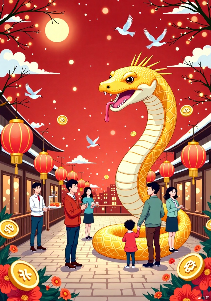 This picture is a Chinese style illustration full of festive atmosphere, with red and gold as the main colors, showing the essence of traditional Chinese culture. In the center of the picture is a golden snake surrounded by various elements, including family members celebrating the Spring Festival, flowers, lanterns, flying birds, clouds and stars, as well as gold coins symbolizing wealth and happiness, happy knot, etc.