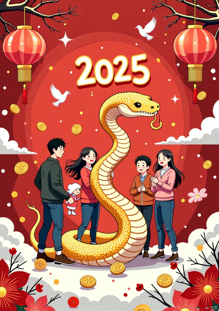 This picture is a Chinese style illustration full of festive atmosphere, with red and gold as the main colors, showing the essence of traditional Chinese culture. In the center of the picture is a golden snake surrounded by various elements, including family members celebrating the Spring Festival, flowers, lanterns, flying birds, clouds and stars, as well as gold coins symbolizing wealth and happiness, happy knot, etc.