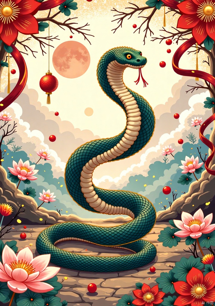 Chinese New Year,lingshe,Dunhuang Art,Overlapping scales,Dunhuang Art,Year of the Snake poster,traditional Chinese elements,Above the picture is written "Happy New Year 2025",Dunhuang art style,majestic and elegant design,snake occupies a smaller proportion of the composition,positioned gracefully with a non-threatening and friendly appearance,smooth flowing lines,Chinese red and gold tones with accents of turquoise and brown,background featuring Dunhuang-inspired patterns such as lotus flowers,flying silk ribbons,auspicious clouds,and subtle mural textures,intricate but balanced details,grand and culturally rich composition,solemn and artistic atmosphere,