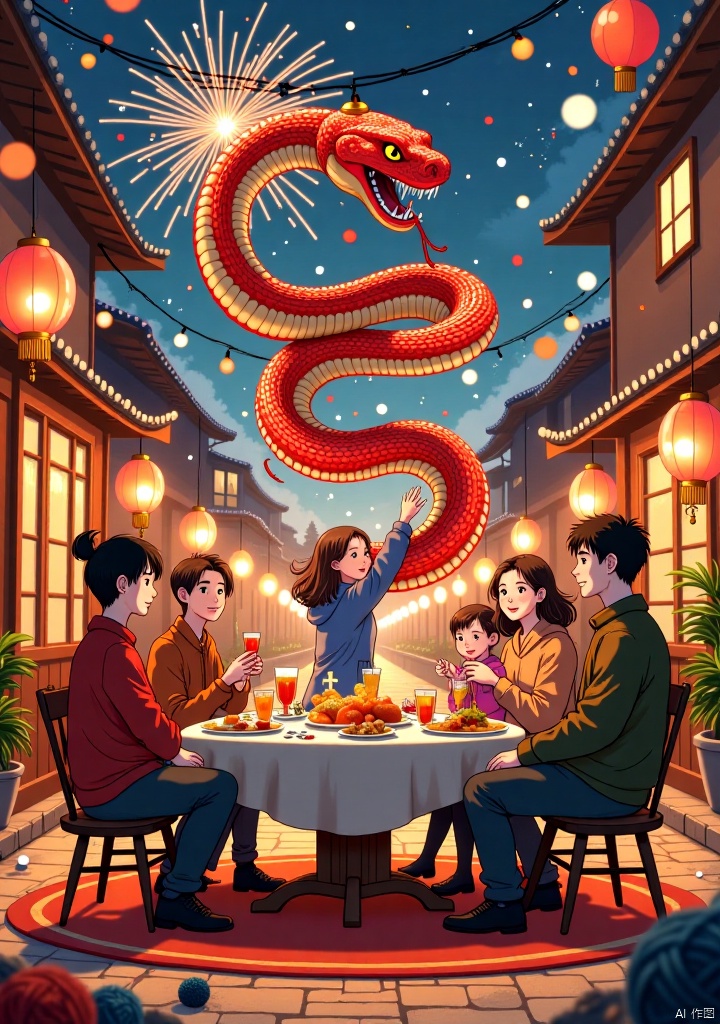 At night, a large red snake decorated with traditional patterns dances in the air, and a little girl in blue plays on the back of the python, holding a fireworks stick. The family is sitting around the dinner table, enjoying a family meal, the table is full of food and drink, young and old three generations smiling. Young men dressed in warm colors, one woman holding a child, another man looking intently somewhere. Festive lanterns hang from the Windows, carpets and scattered balls of yarn add to the homey feel. The whole scene is dominated by warm orange and yellow tones, permeating with a comfortable and pleasant atmosphere.