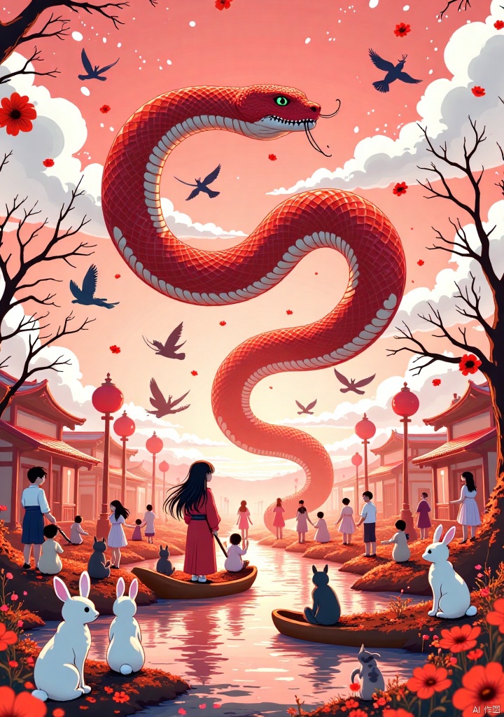 This Japanese-style illustration is warm and romantic with pink and red as the main tones. The huge red snake hovers in the center, surrounded by lively little people and small animals. The characters are dressed in Japanese costumes, paddling in boats, flying, or playing in flowers. Rabbits, cats and other small animals live in harmony and form a beautiful world. The scene is dynamic, rich and delicate colors and fine details. Decorative elements such as flowers and clouds add layers of beauty.