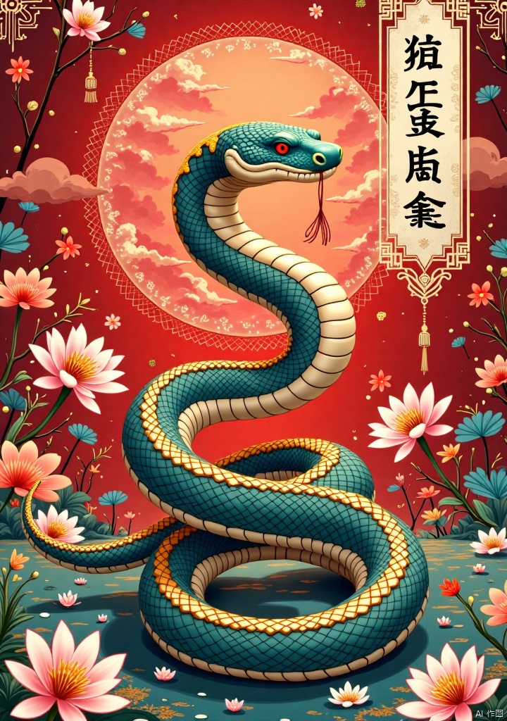 Chinese New Year,lingshe,Dunhuang Art,Overlapping scales,Dunhuang Art,Year of the Snake poster,traditional Chinese elements,Above the picture is written "Happy New Year 2025",Dunhuang art style,majestic and elegant design,snake occupies a smaller proportion of the composition,positioned gracefully with a non-threatening and friendly appearance,smooth flowing lines,Chinese red and gold tones with accents of turquoise and brown,background featuring Dunhuang-inspired patterns such as lotus flowers,flying silk ribbons,auspicious clouds,and subtle mural textures,intricate but balanced details,grand and culturally rich composition,solemn and artistic atmosphere,