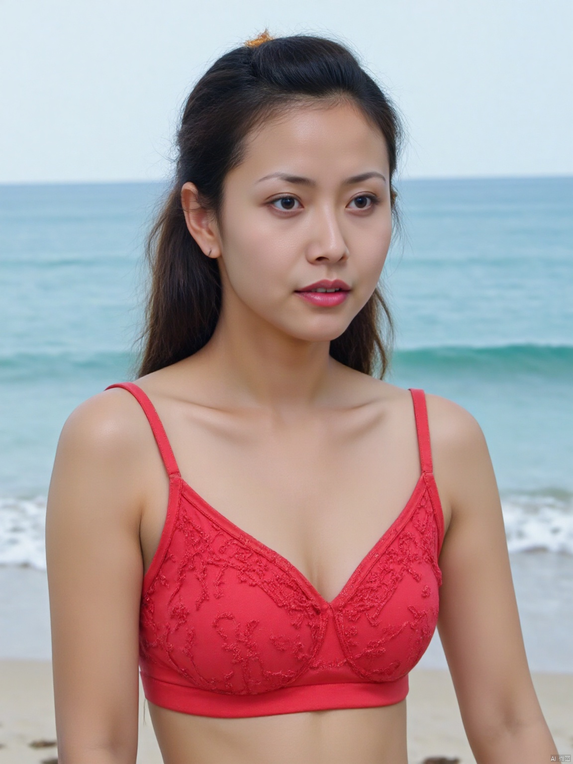 A young Asian woman stands confidently in front of the backdrop of a Maldives beach, her dark hair cascading down her shoulders like a waterfall. She was wearing a bold red lace bra, her sharp black eyes sparkling with a subtle smile. The bright red lips add a touch of color to the soft background, while the gray eyebrows outline her face. The ponytail adds a touch of elegance and contrasts sharply with the calm sea environment.
