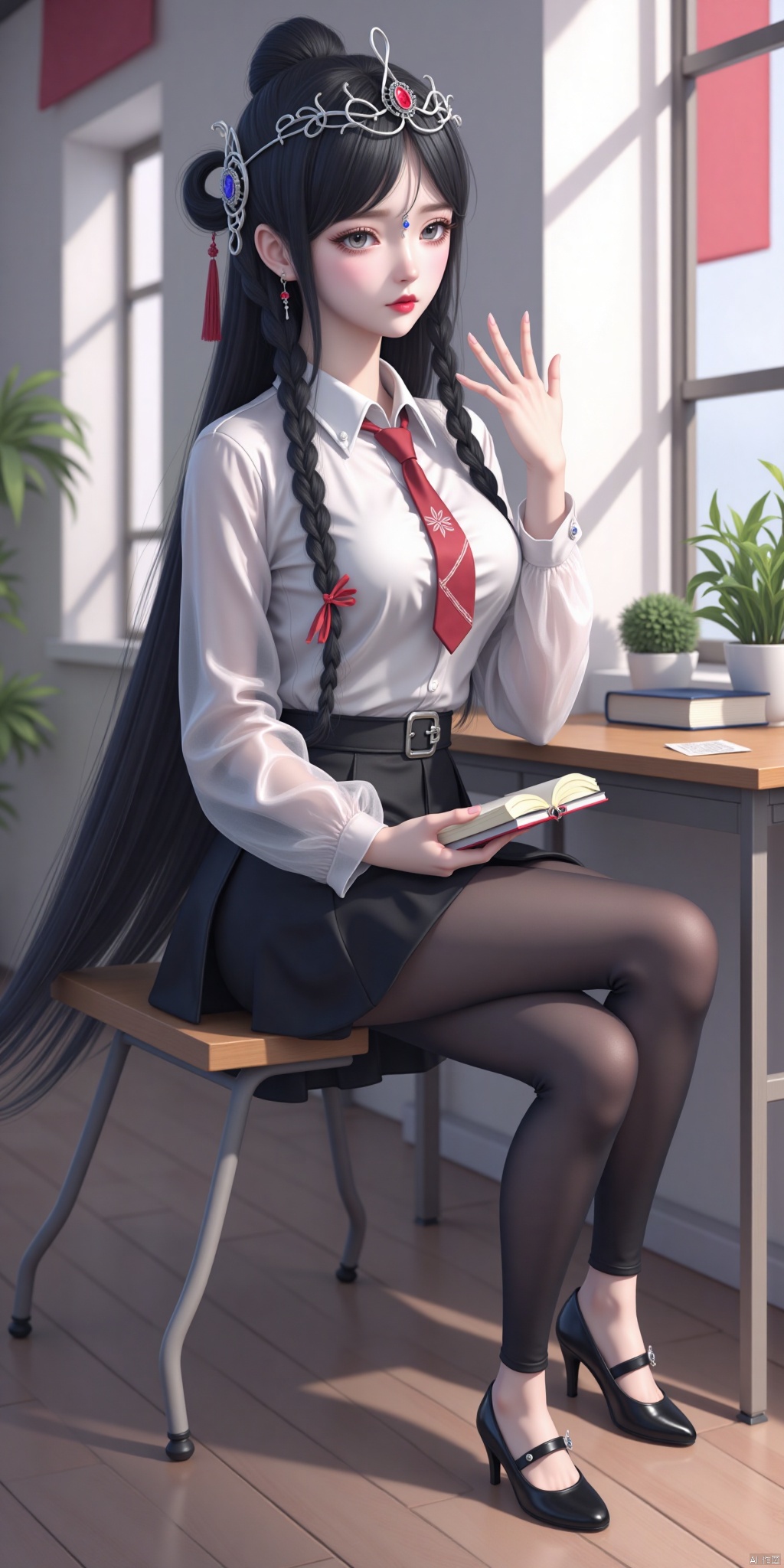 Whole body, long hair, sitting, highest quality, exquisite CG, water drops on hair, beautiful goddess, close-up, exquisite face, exquisite lips, exquisite eyes, exquisite nose, 1 girl, long sleeves, black hair, hair accessories, long sleeves, whole body, braids, books in hand, 1 girl, long sleeves, black hair, hair accessories, whole body, braids, long sleeves. Long hair, watching the audience, skirts, shirts, black hair, high pants, long sleeves, hand-held, jewelry, standing, whole body, white shirts, earrings, ties, collared shirts, black high pants, indoors, black skirts, black shoes, high heels, zettai ryouiki, transparency, windows, garters, plants, red ties, desks.