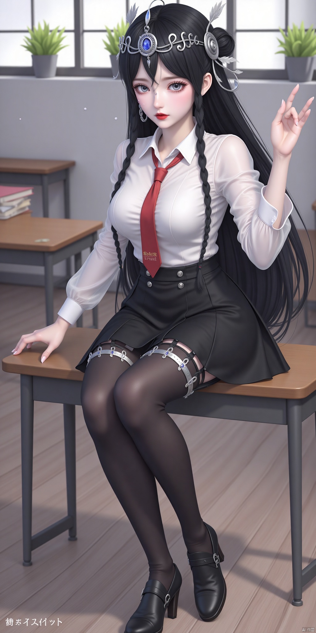 Whole body, long hair, sitting, highest quality, exquisite CG, water drops on hair, beautiful goddess, close-up, exquisite face, exquisite lips, exquisite eyes, exquisite nose, 1 girl, long sleeves, black hair, hair accessories, long sleeves, whole body, braids, books in hand, 1 girl, long sleeves, black hair, hair accessories, whole body, braids, long sleeves. Long hair, watching the audience, skirts, shirts, black hair, high pants, long sleeves, hand-held, jewelry, standing, whole body, white shirts, earrings, ties, collared shirts, black high pants, indoors, black skirts, black shoes, high heels, zettai ryouiki, transparency, windows, garters, plants, red ties, desks.
