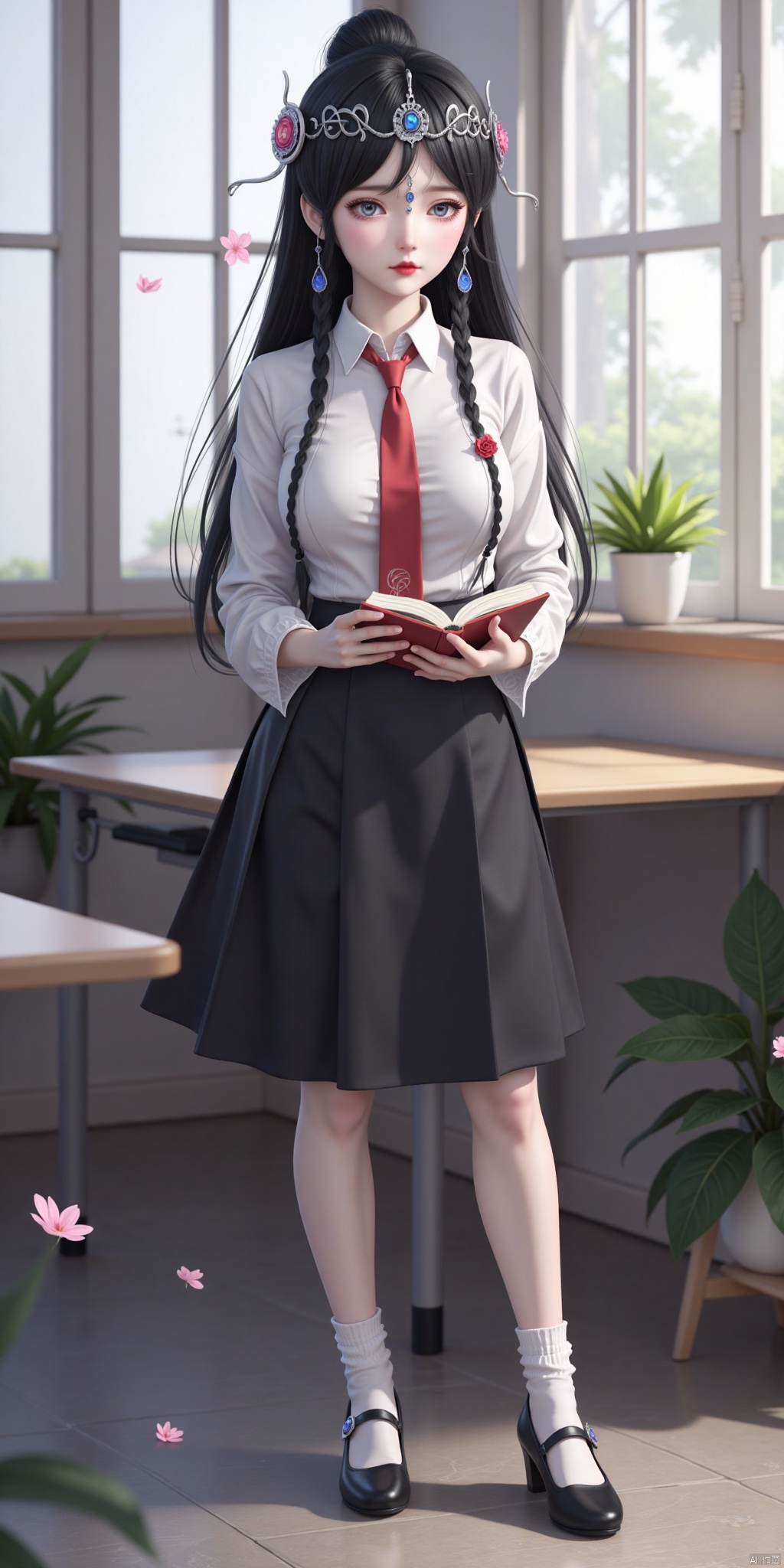 Whole body, long hair, sitting, highest quality, exquisite CG, water drops on hair, beautiful goddess, close-up, exquisite face, exquisite lips, exquisite eyes, exquisite nose, 1 girl, long sleeves, black hair, hair accessories, long sleeves, whole body, braids, books in hand, 1 girl, long sleeves, black hair, hair accessories, whole body, braids, long sleeves. Long hair, watching the audience, skirts, shirts, black hair, high pants, long sleeves, hand-held, jewelry, standing, whole body, white shirts, earrings, ties, collared shirts, black high pants, indoors, black skirts, black shoes, high heels, zettai ryouiki, transparency, windows, garters, plants, red ties, desks.