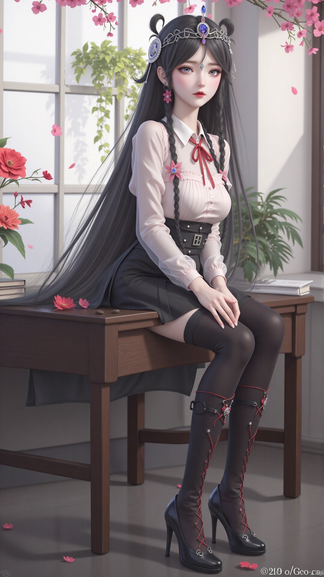 Whole body, long hair, sitting, highest quality, exquisite CG, water drops on hair, beautiful goddess, close-up, exquisite face, exquisite lips, exquisite eyes, exquisite nose, 1 girl, long sleeves, black hair, hair accessories, long sleeves, whole body, braids, books in hand, 1 girl, long sleeves, black hair, hair accessories, whole body, braids, long sleeves. Long hair, watching the audience, skirts, shirts, black hair, high pants, long sleeves, hand-held, jewelry, standing, whole body, white shirts, earrings, ties, collared shirts, black high pants, indoors, black skirts, black shoes, high heels, zettai ryouiki, transparency, windows, garters, plants, red ties, desks.