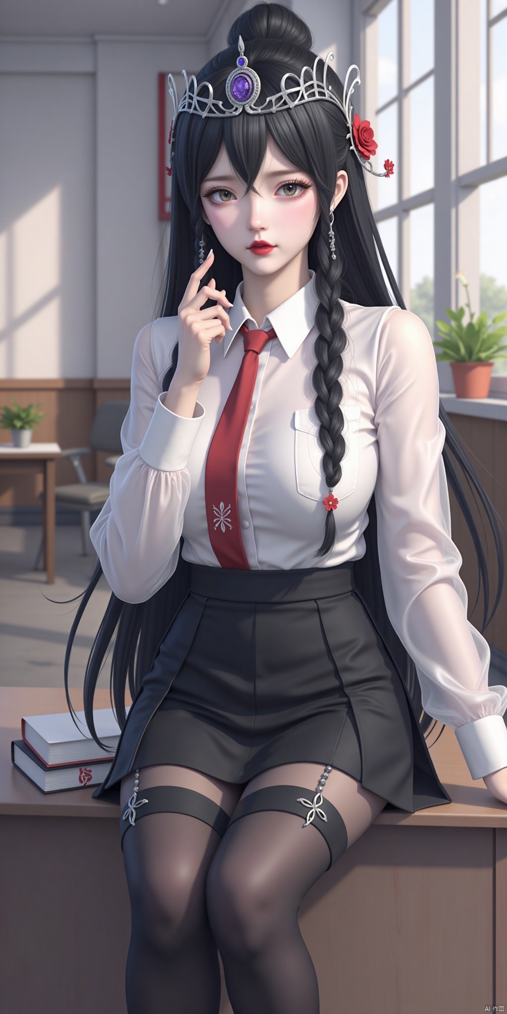 Whole body, long hair, sitting, highest quality, exquisite CG, water drops on hair, beautiful goddess, close-up, exquisite face, exquisite lips, exquisite eyes, exquisite nose, 1 girl, long sleeves, black hair, hair accessories, long sleeves, whole body, braids, books in hand, 1 girl, long sleeves, black hair, hair accessories, whole body, braids, long sleeves. Long hair, watching the audience, skirts, shirts, black hair, high pants, long sleeves, hand-held, jewelry, standing, whole body, white shirts, earrings, ties, collared shirts, black high pants, indoors, black skirts, black shoes, high heels, zettai ryouiki, transparency, windows, garters, plants, red ties, desks.