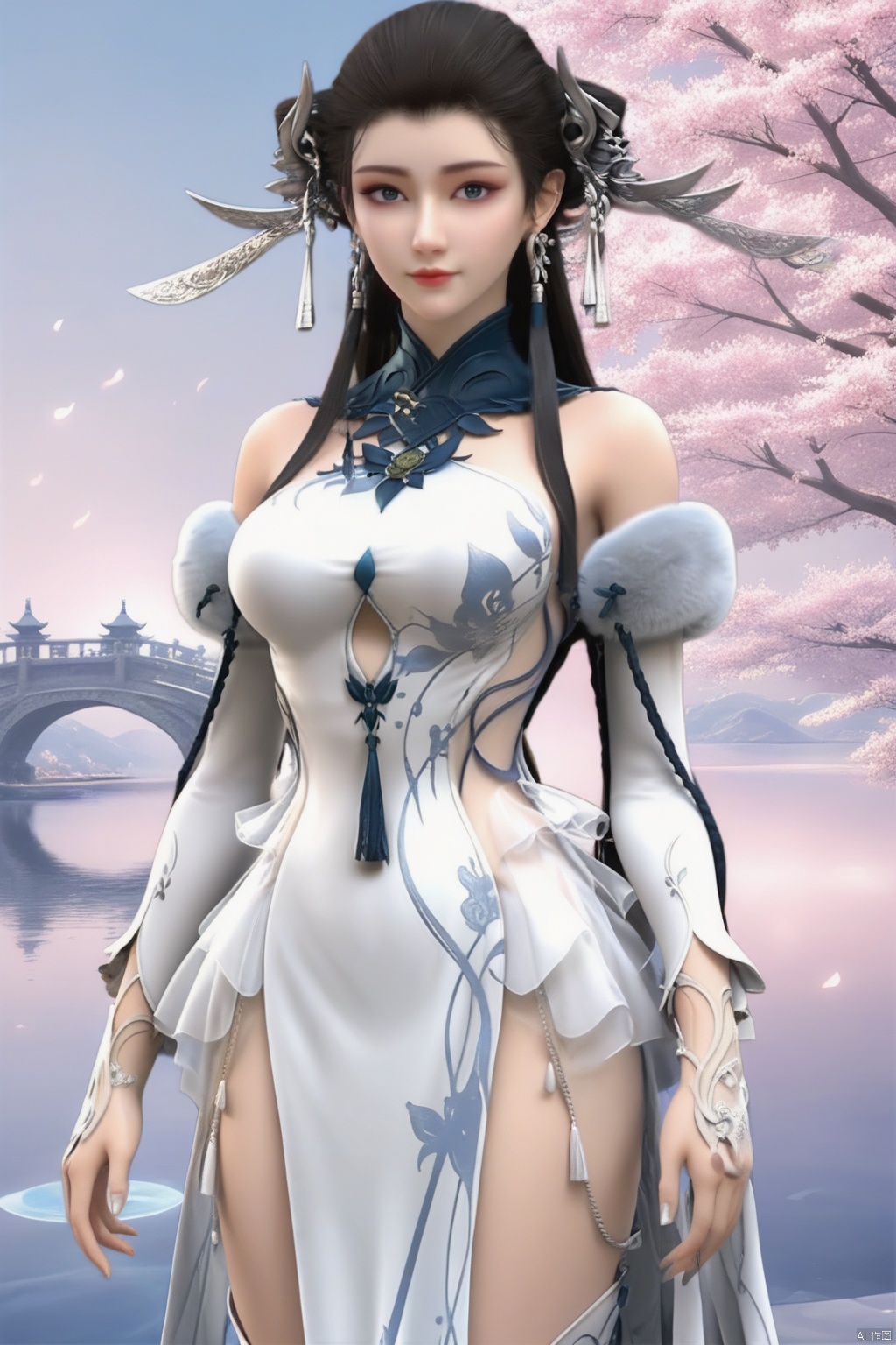 masterpiece, best quality, masterpiece,best quality,official art,extremely detailed CG unity 8k wallpaper,1girl,solo,breasts,long hair,black hair,dress,bare shoulders,earrings,looking at viewer,jewelry,boots,detached sleeves,hair bun,double bun,chinese clothes,tassel,wide hips,pelvic curtain