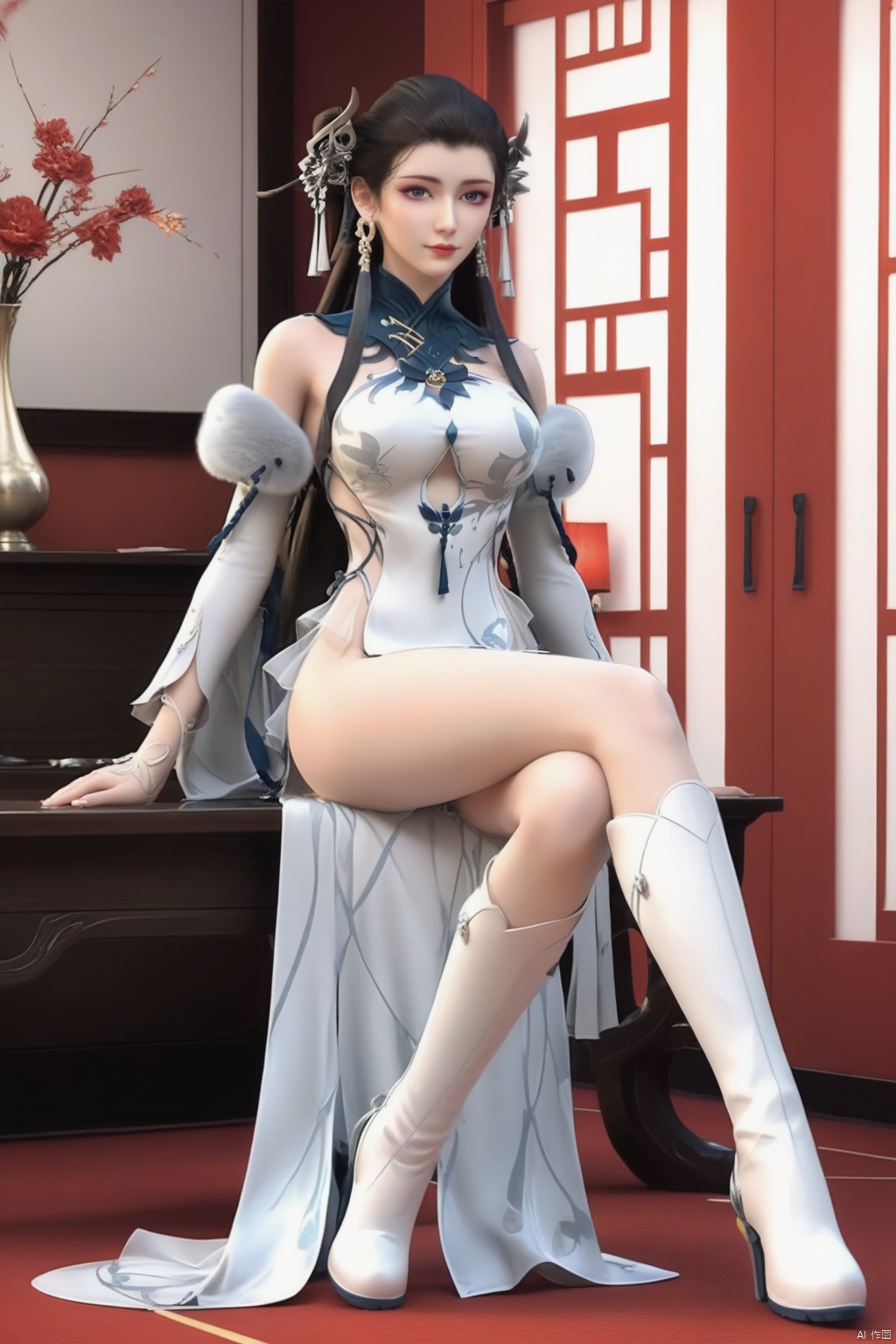 masterpiece, best quality, masterpiece,best quality,official art,extremely detailed CG unity 8k wallpaper,1girl,solo,breasts,(long hair:1.3),black hair,dress,bare shoulders,earrings,looking at viewer,jewelry,boots,detached sleeves,hair bun,double bun,chinese clothes,tassel,wide hips,pelvic curtain,boots,white boots,feet,(full body:1.3),sitting,crossed legs,indoors
