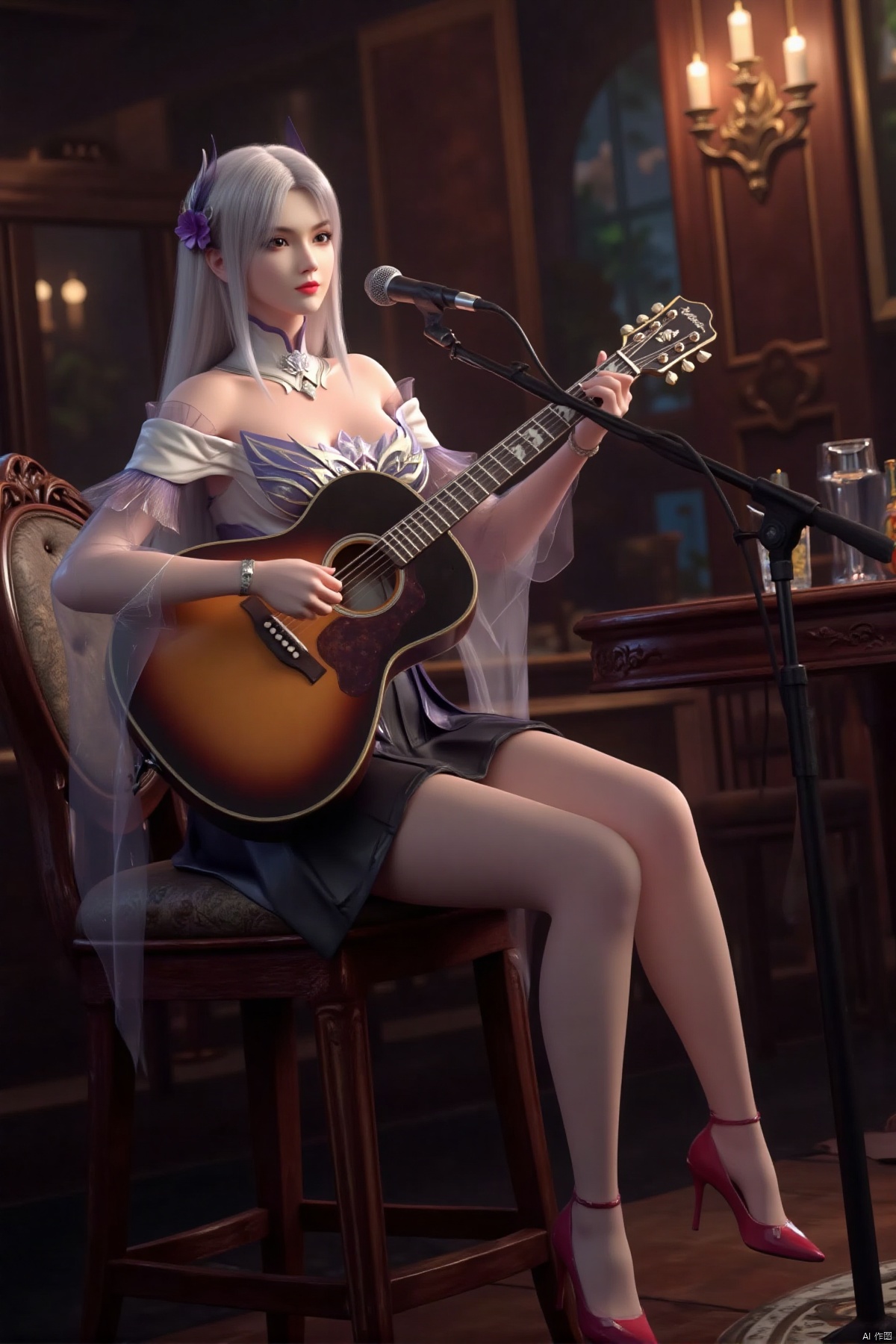 Realistic photo, 1girl, long hair, fair skin, big breasts, off-shoulder sweater, short leather skirt, (shiny pantyhose), long legs, red high heels, full body, sitting on high chair, bouncing Guitar, singing into a microphone, luxury bar,tyz