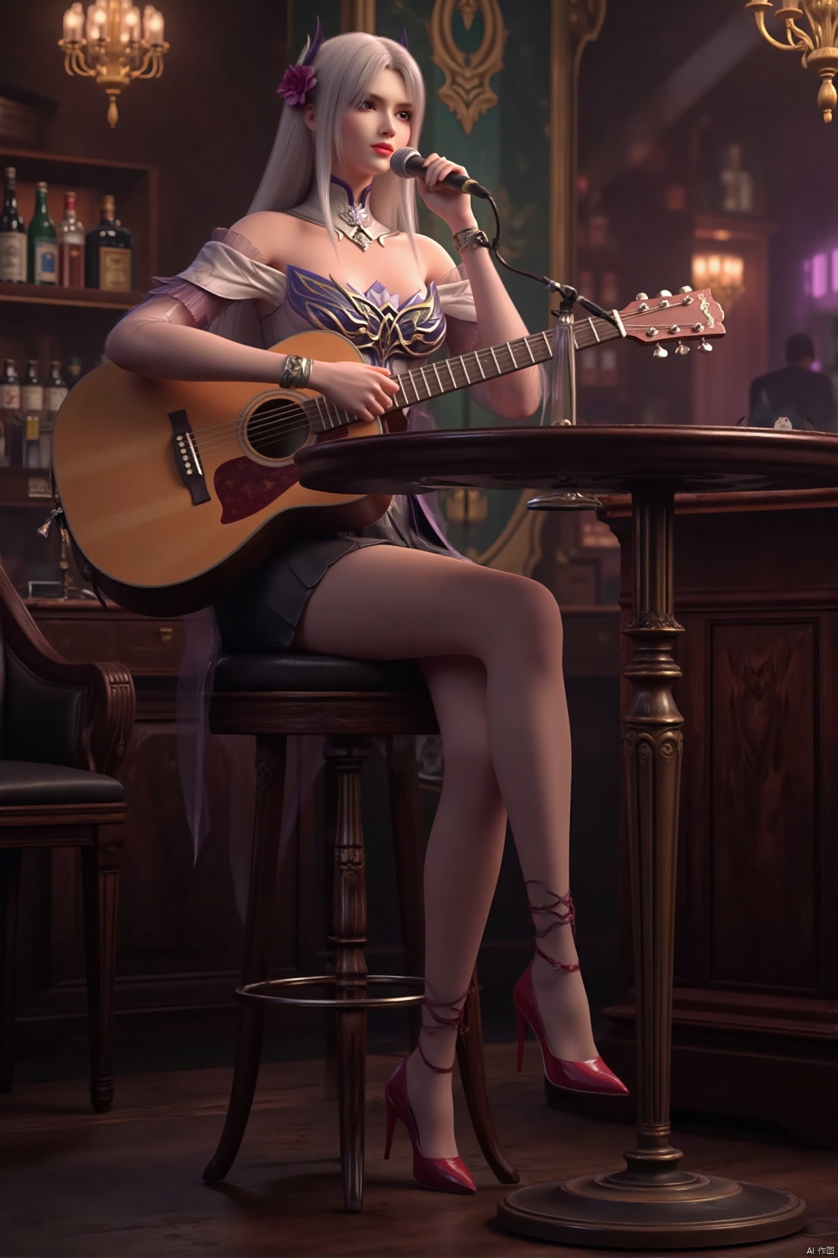 Realistic photo, 1girl, long hair, fair skin, big breasts, off-shoulder sweater, short leather skirt, (shiny pantyhose), long legs, red high heels, full body, sitting on high chair, bouncing Guitar, singing into a microphone, luxury bar,tyz